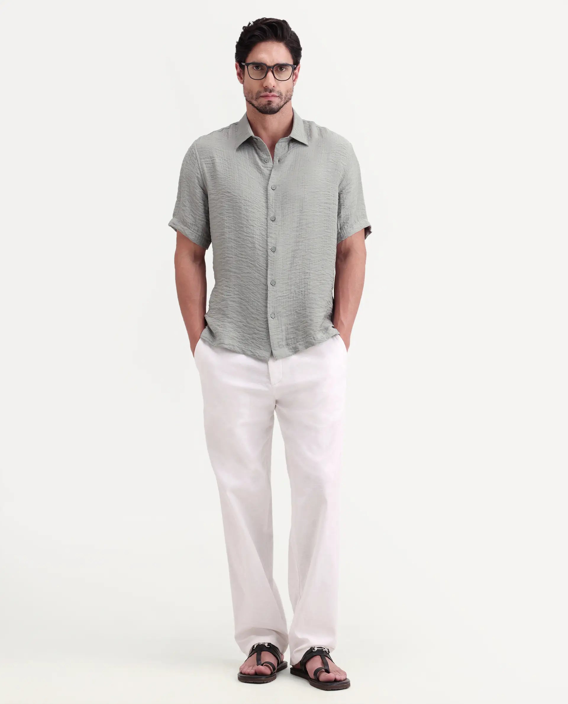 Rare Rabbit Men's Veon-Ss Dusky Grey Viscose Blend Fabric Half Sleeve Spread Collar Regular Fit Plain Shirt