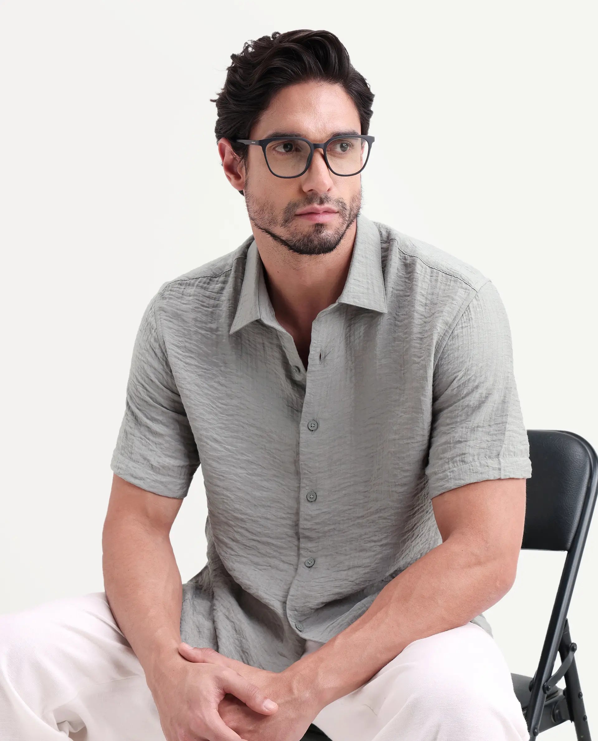 Rare Rabbit Men's Veon-Ss Dusky Grey Viscose Blend Fabric Half Sleeve Spread Collar Regular Fit Plain Shirt