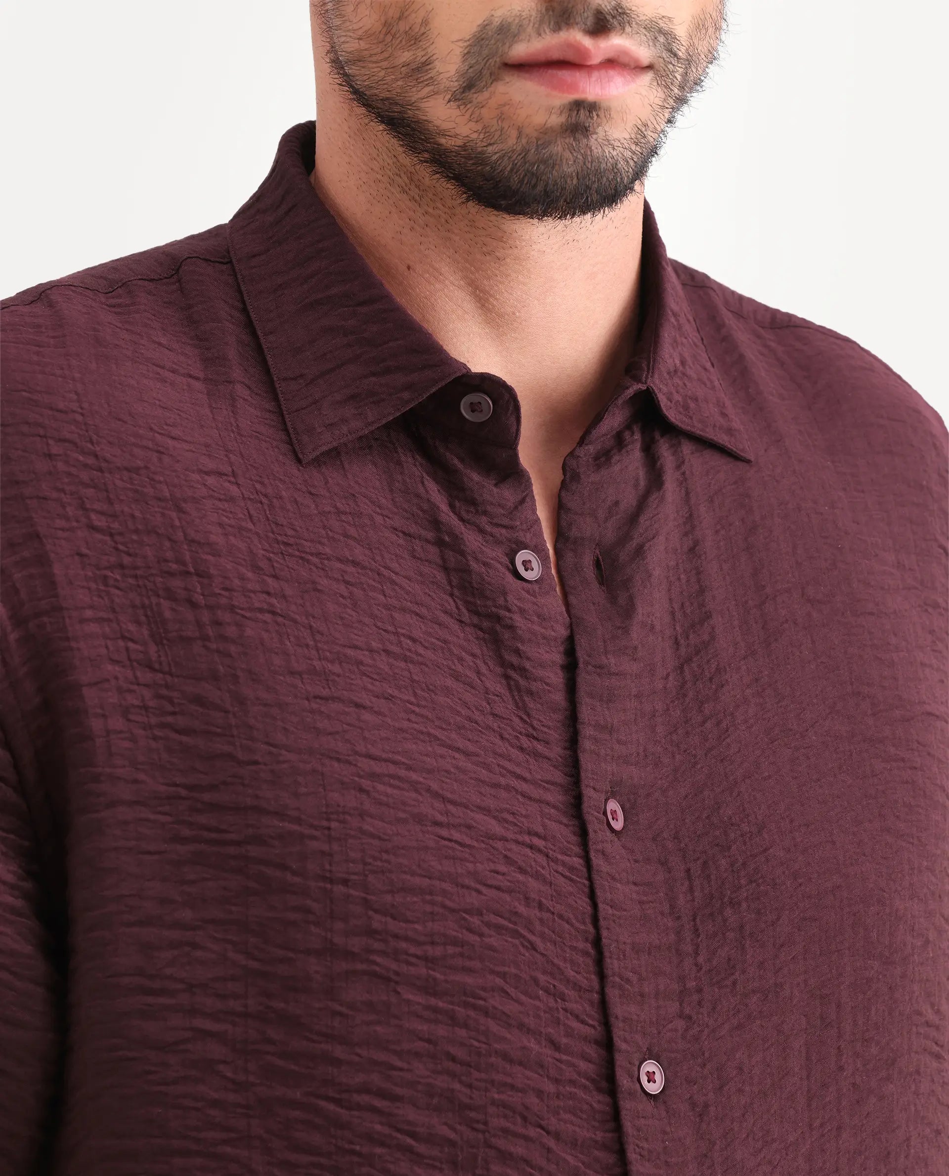 Rare Rabbit Men's Veon-Ss Dark Maroon Viscose Blend Fabric Half Sleeve Spread Collar Regular Fit Plain Shirt