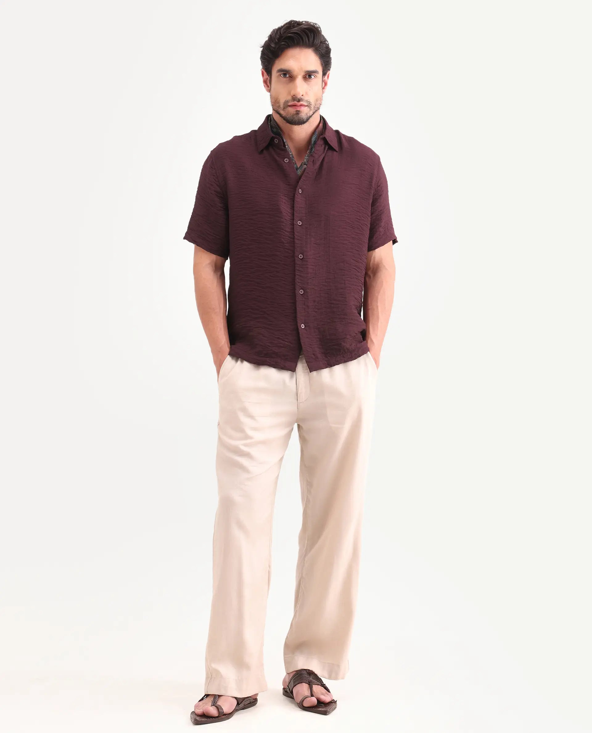 Rare Rabbit Men's Veon-Ss Dark Maroon Viscose Blend Fabric Half Sleeve Spread Collar Regular Fit Plain Shirt