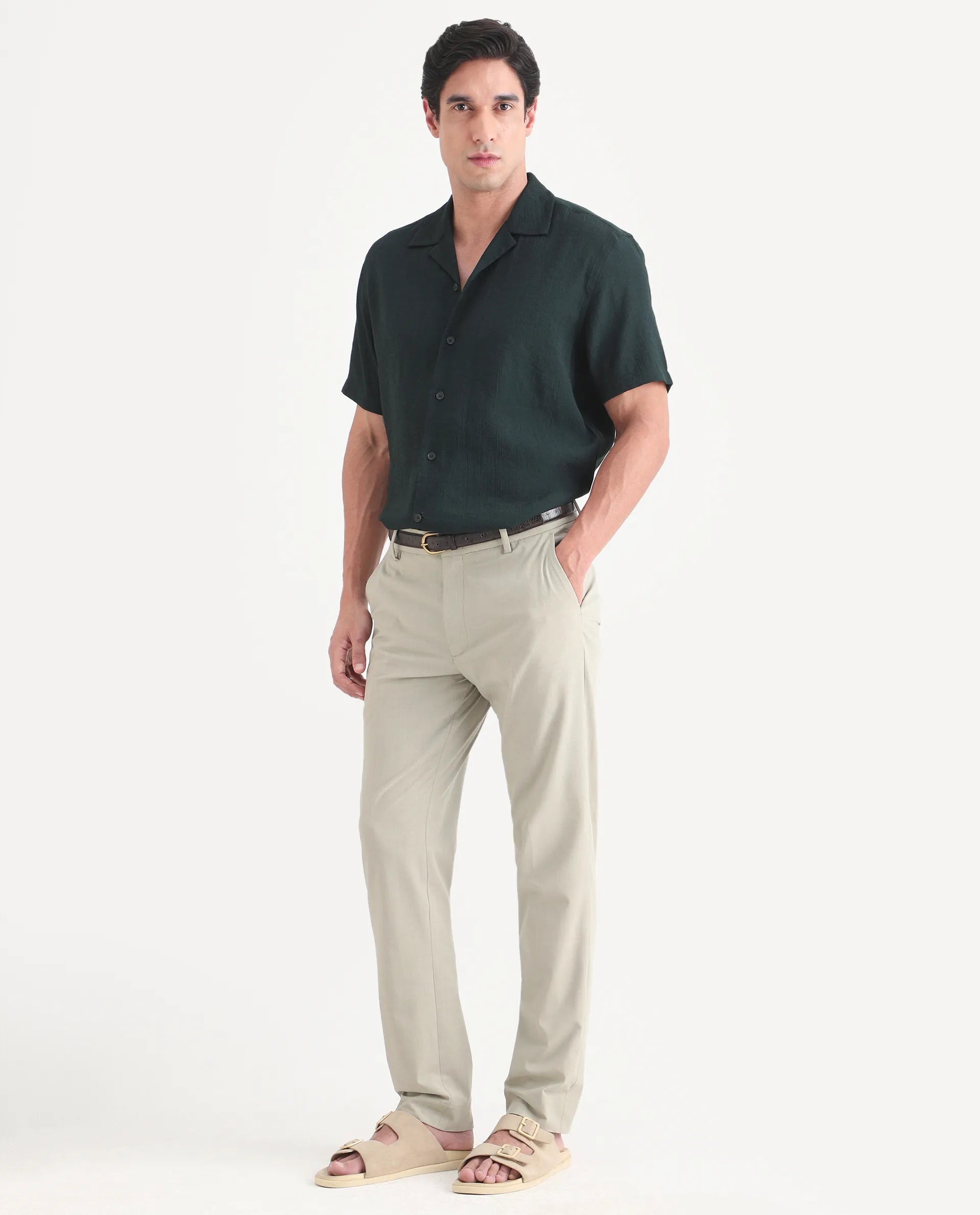 Rare Rabbit Men's Arcade-Lite Pastel Beige Polyester Blend Fabric Regular Fit Plain Trouser