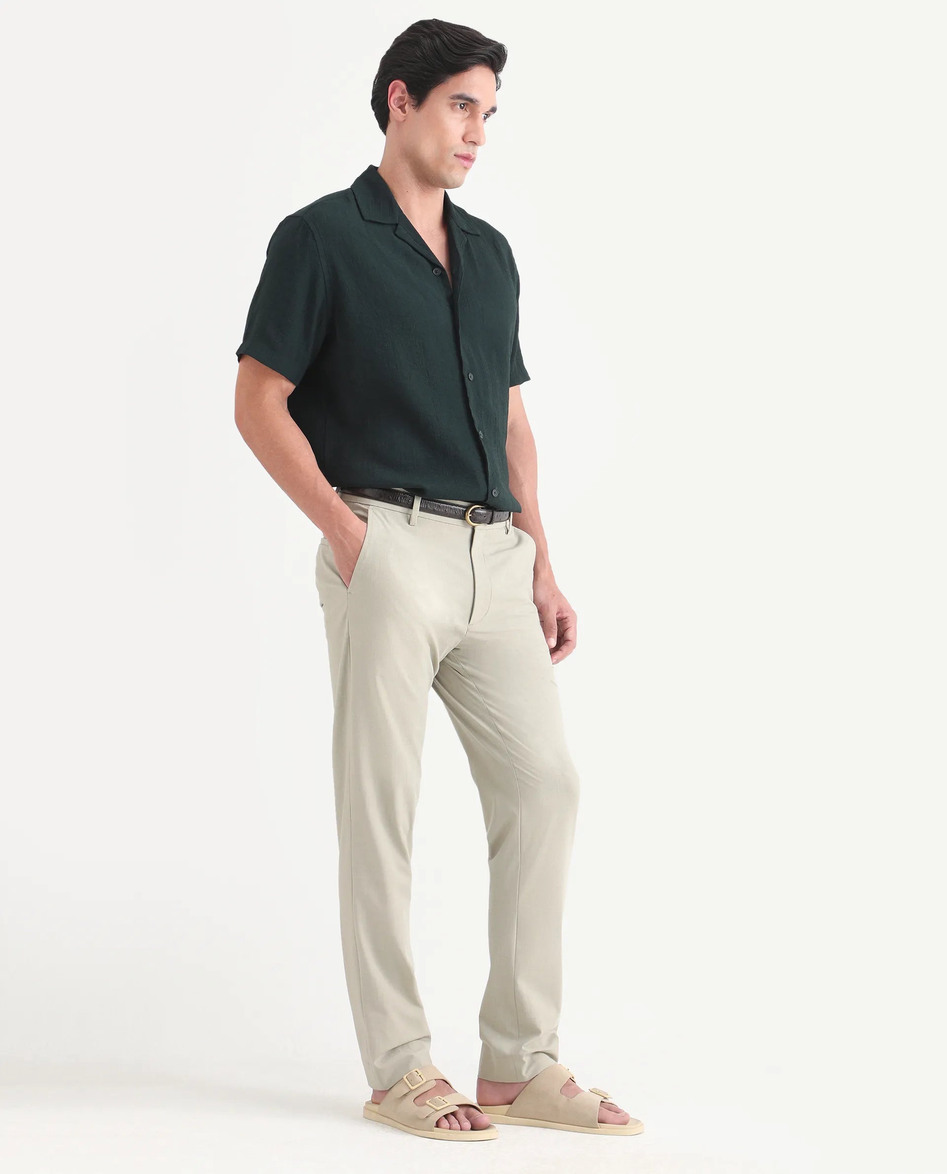 Rare Rabbit Men's Arcade-Lite Pastel Beige Polyester Blend Fabric Regular Fit Plain Trouser