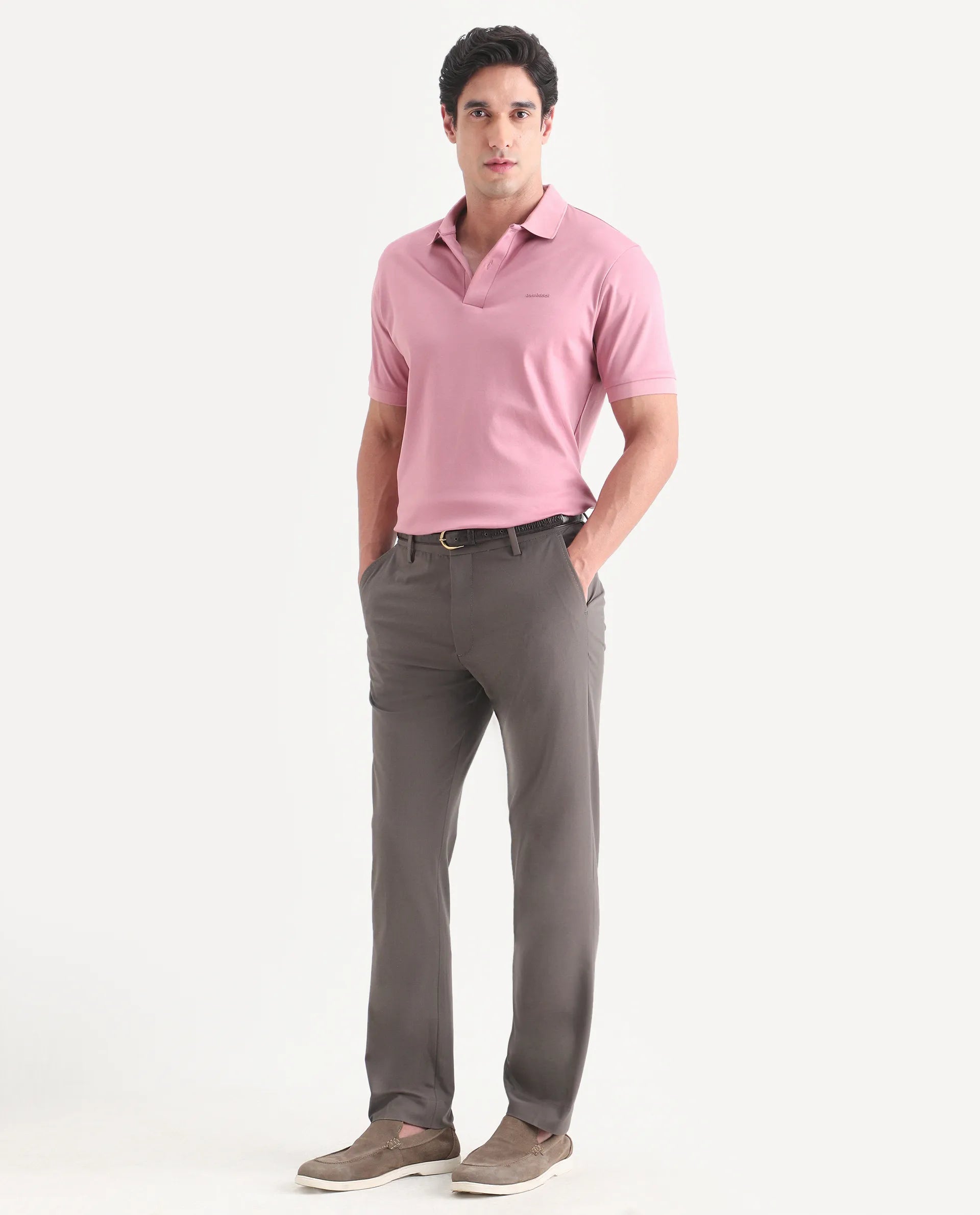 Rare Rabbit Men's Arcade-Lite Light Brown Polyester Blend Fabric Regular Fit Plain Trouser