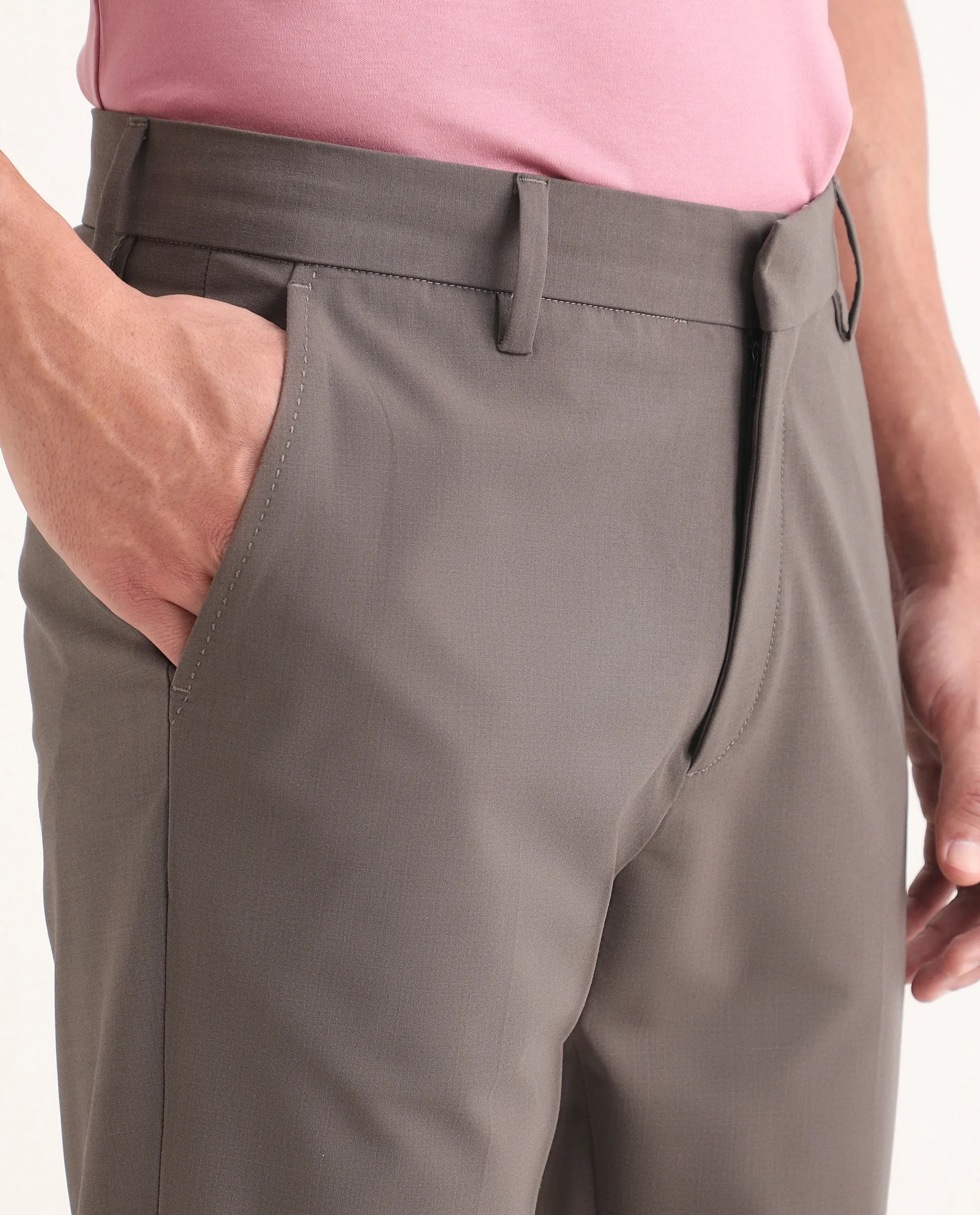 Rare Rabbit Men's Arcade-Lite Light Brown Polyester Blend Fabric Regular Fit Plain Trouser
