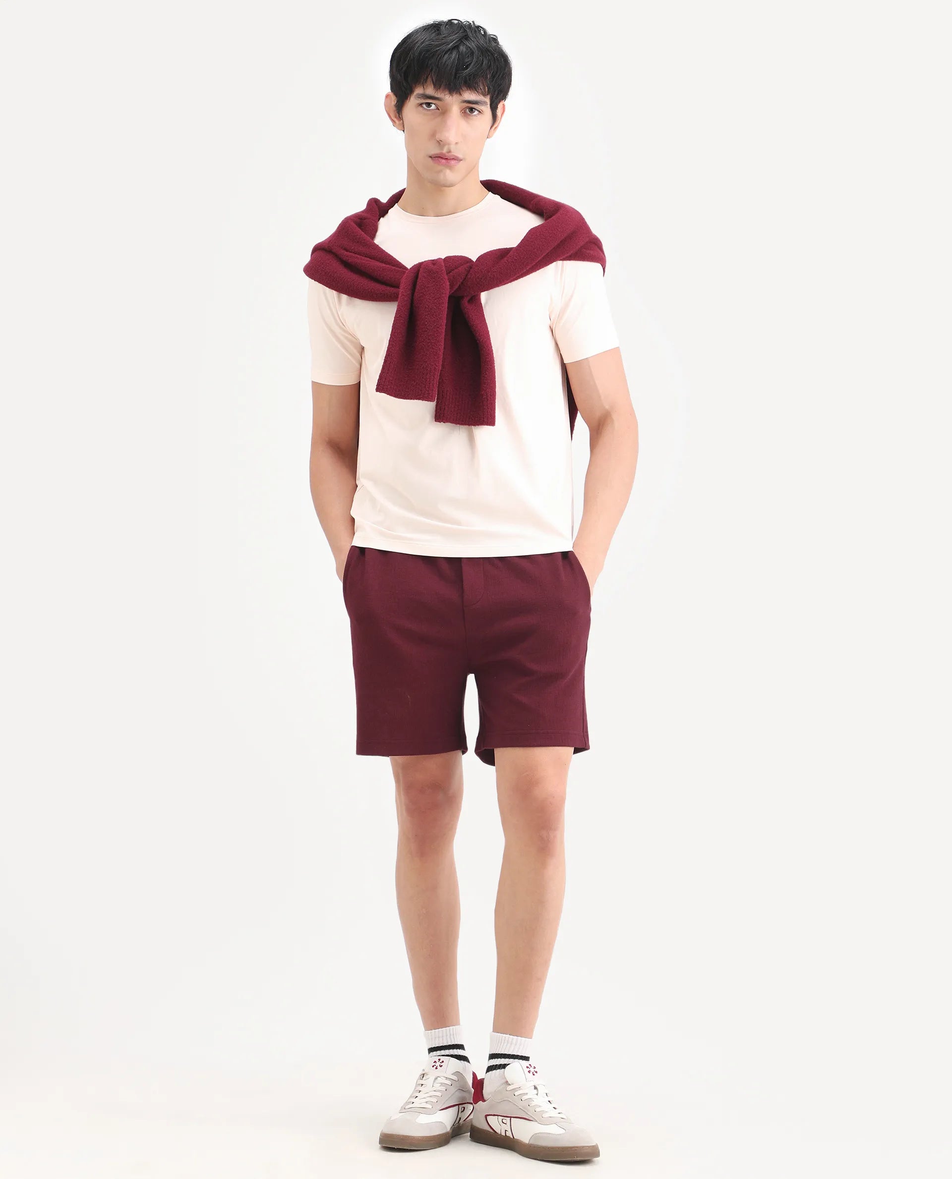 Rare Rabbit Men's Kelos-Sh26 Maroon Cotton Blend Fabric Regular Fit Plain Shorts