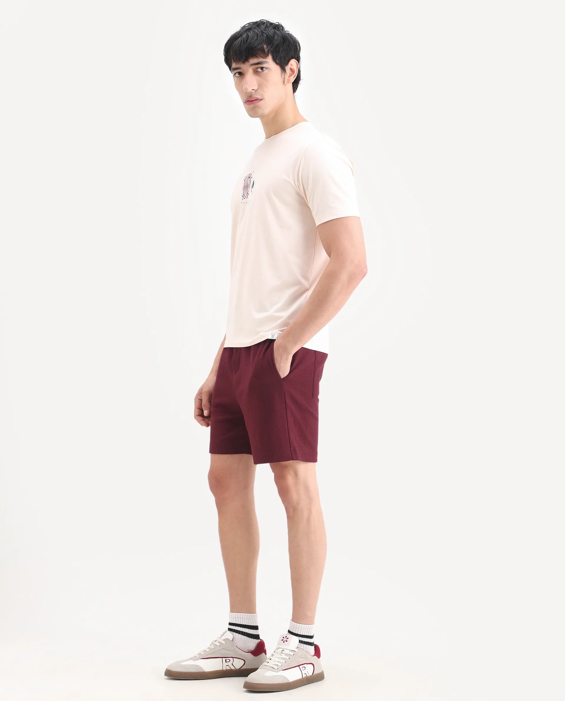 Rare Rabbit Men's Kelos-Sh26 Maroon Cotton Blend Fabric Regular Fit Plain Shorts