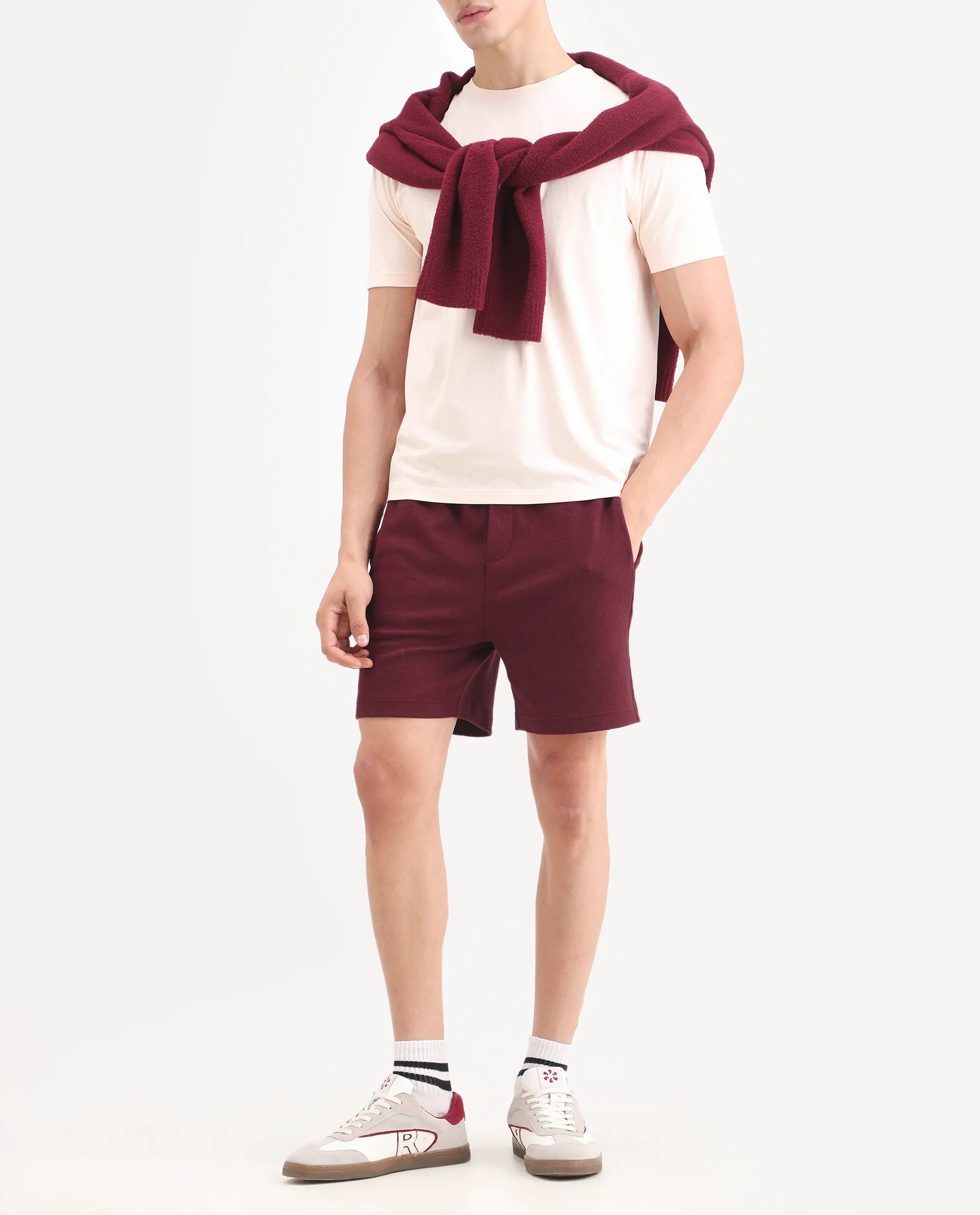 Rare Rabbit Men's Kelos-Sh26 Maroon Cotton Blend Fabric Regular Fit Plain Shorts