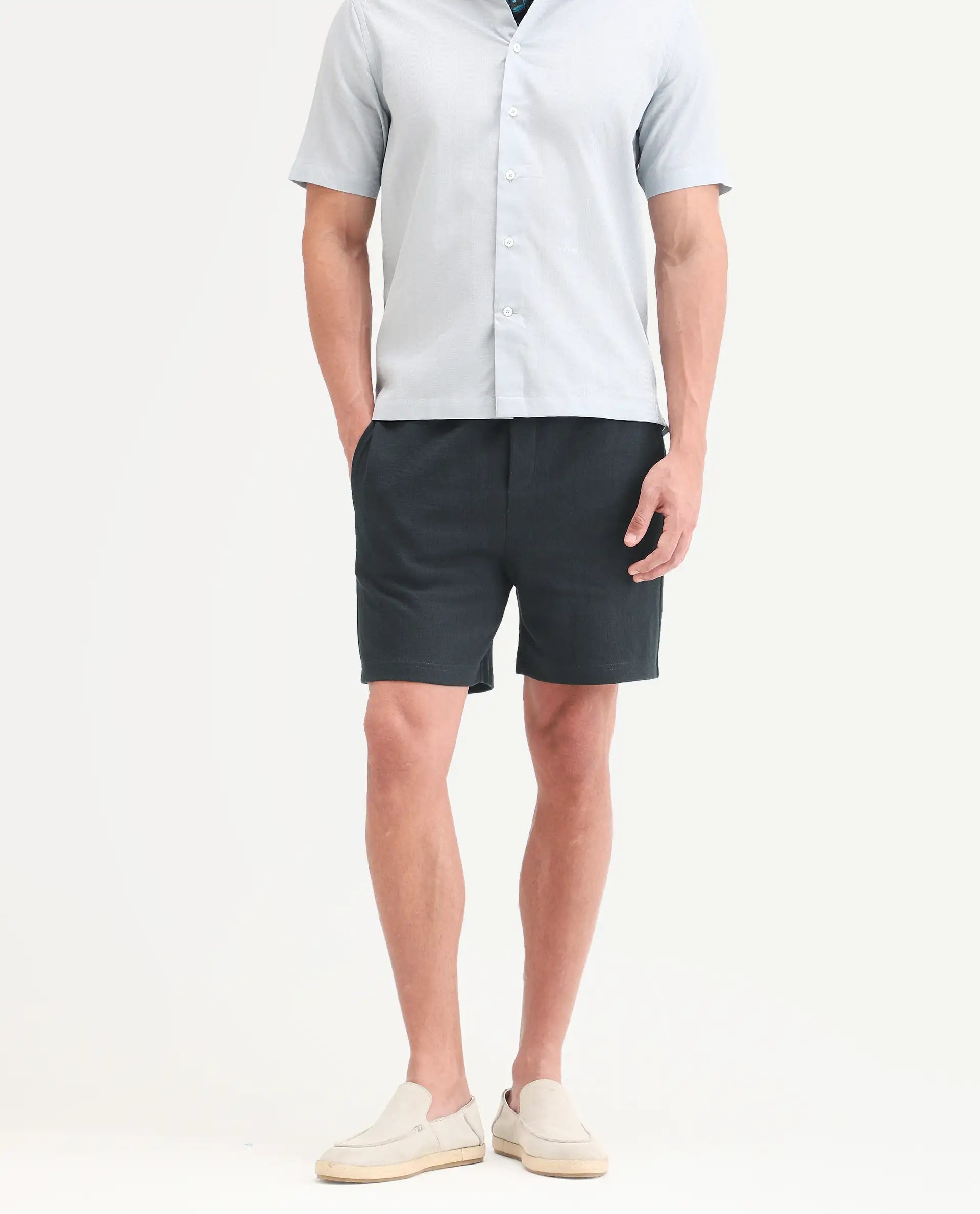 Rare Rabbit Men's Kelos-Sh26 Dark Teal Cotton Blend Fabric Regular Fit Plain Shorts