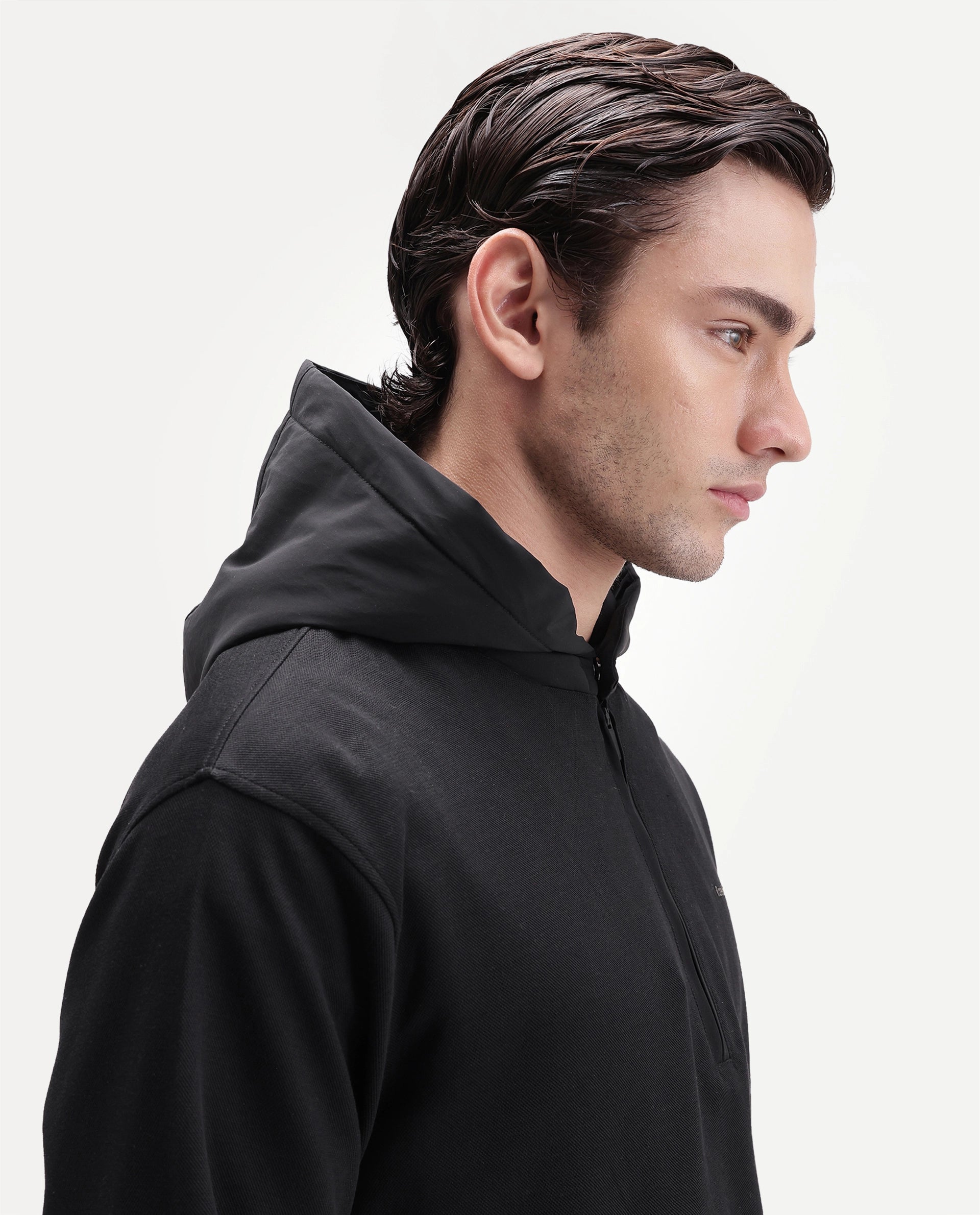 Rare Rabbit Men's Ephin-T-S26 Black Cotton Blend Fabric Full Sleeve Hooded Regular Fit Plain Sweatshirt