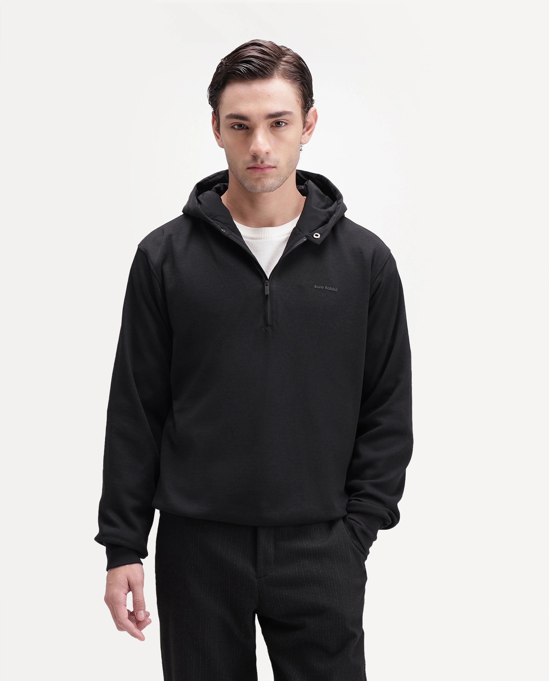 Rare Rabbit Men's Ephin-T-S26 Black Cotton Blend Fabric Full Sleeve Hooded Regular Fit Plain Sweatshirt