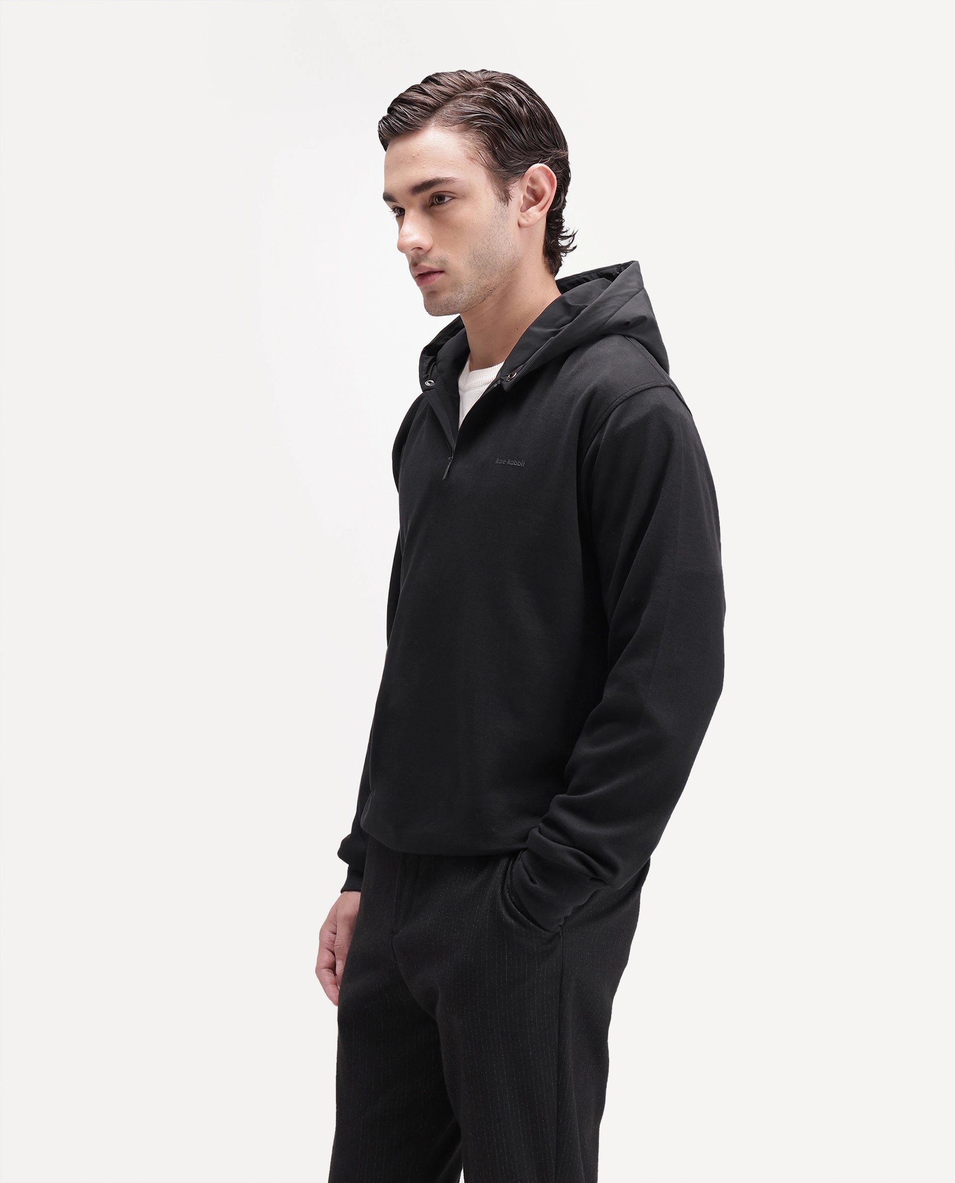 Rare Rabbit Men's Ephin-T-S26 Black Cotton Blend Fabric Full Sleeve Hooded Regular Fit Plain Sweatshirt