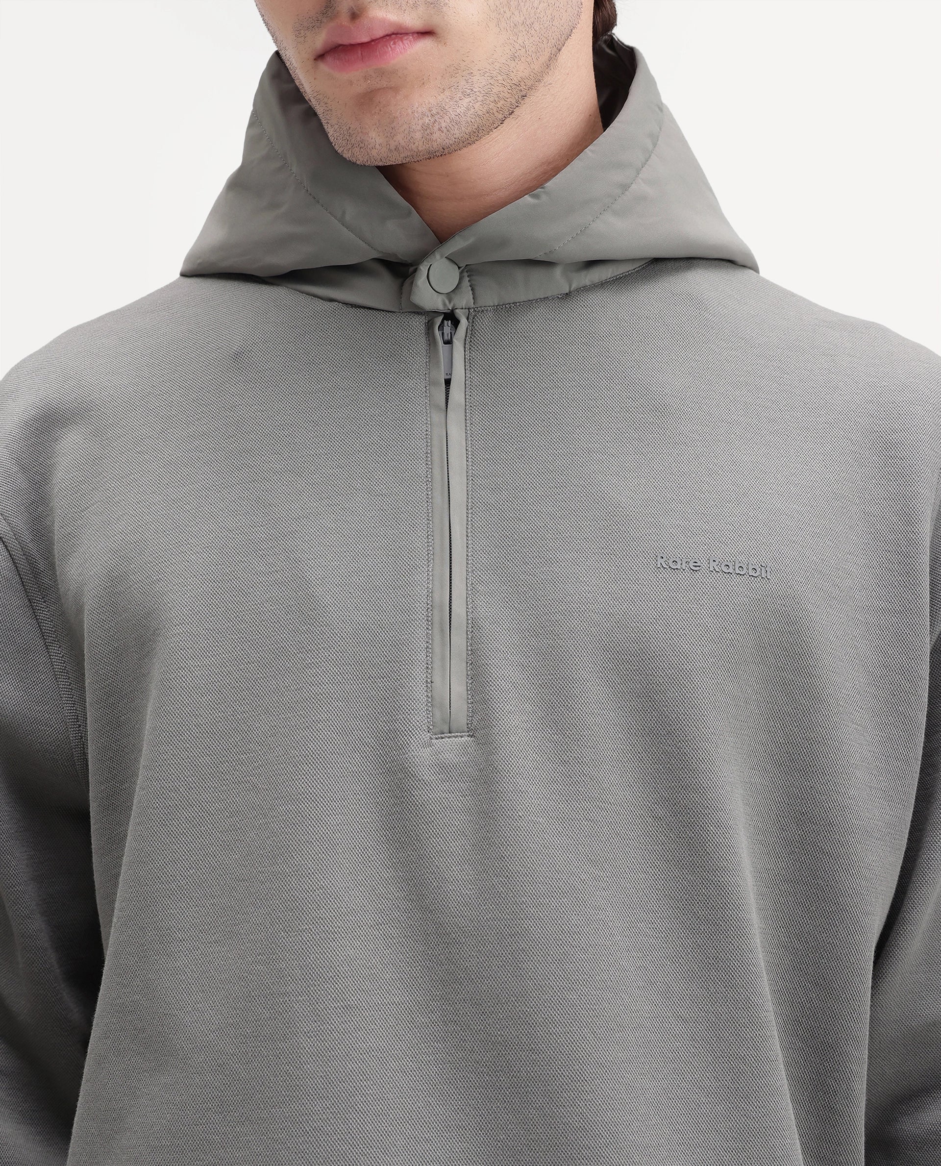 Rare Rabbit Men's Ephin-T-S26 Dark Olive Cotton Blend Fabric Full Sleeve Hooded Regular Fit Plain Sweatshirt