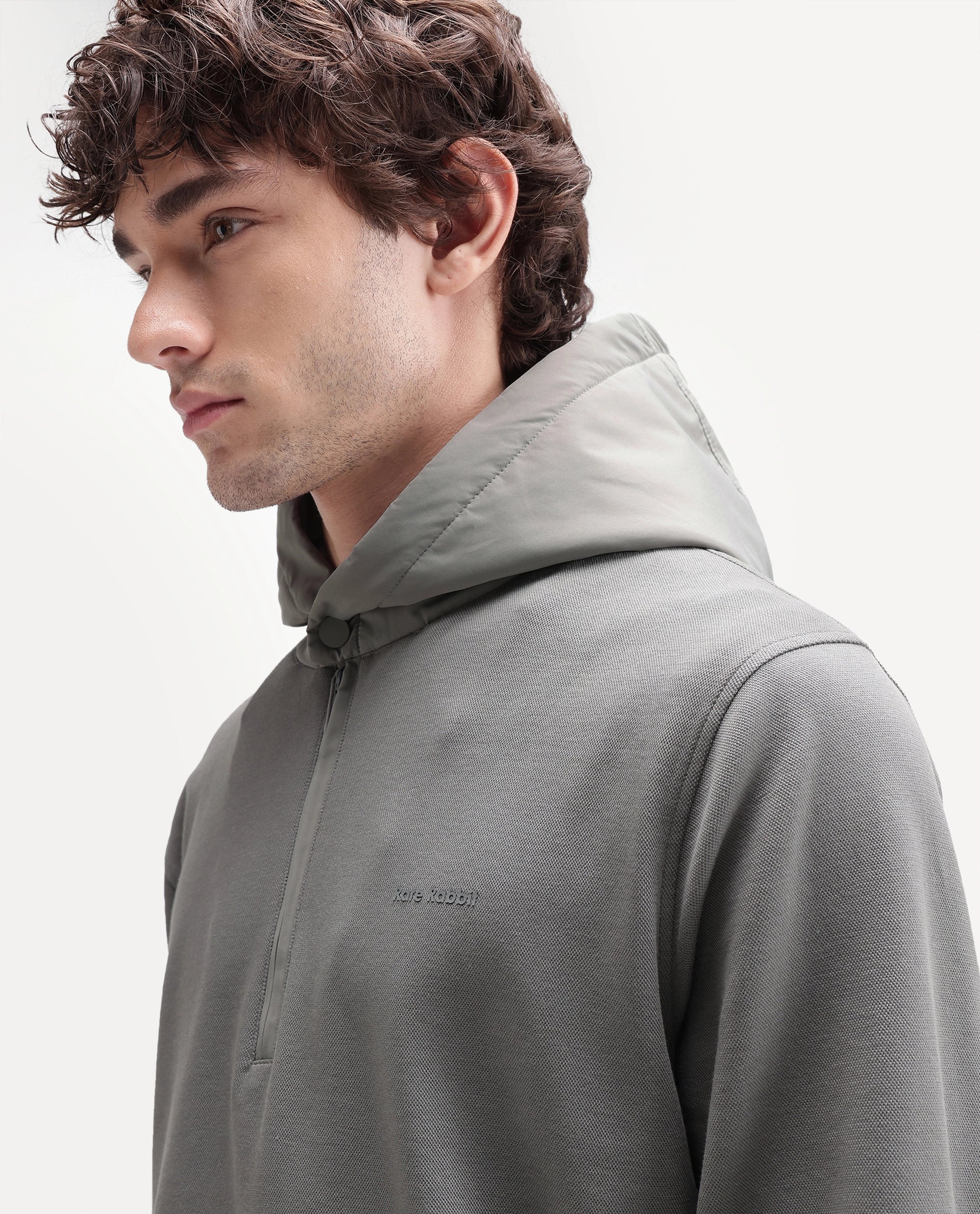Rare Rabbit Men's Ephin-T-S26 Dark Olive Cotton Blend Fabric Full Sleeve Hooded Regular Fit Plain Sweatshirt