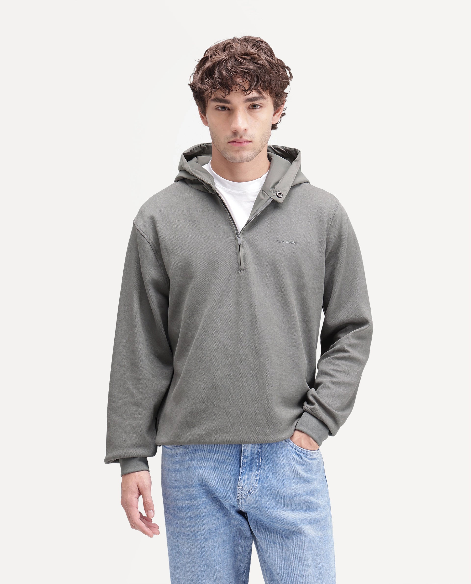 Rare Rabbit Men's Ephin-T-S26 Dark Olive Cotton Blend Fabric Full Sleeve Hooded Regular Fit Plain Sweatshirt