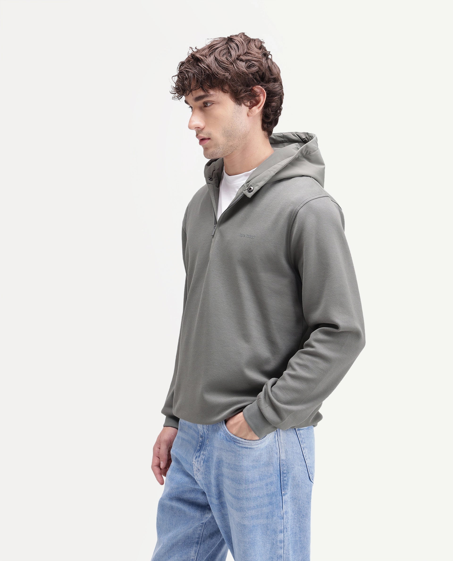 Rare Rabbit Men's Ephin-T-S26 Dark Olive Cotton Blend Fabric Full Sleeve Hooded Regular Fit Plain Sweatshirt