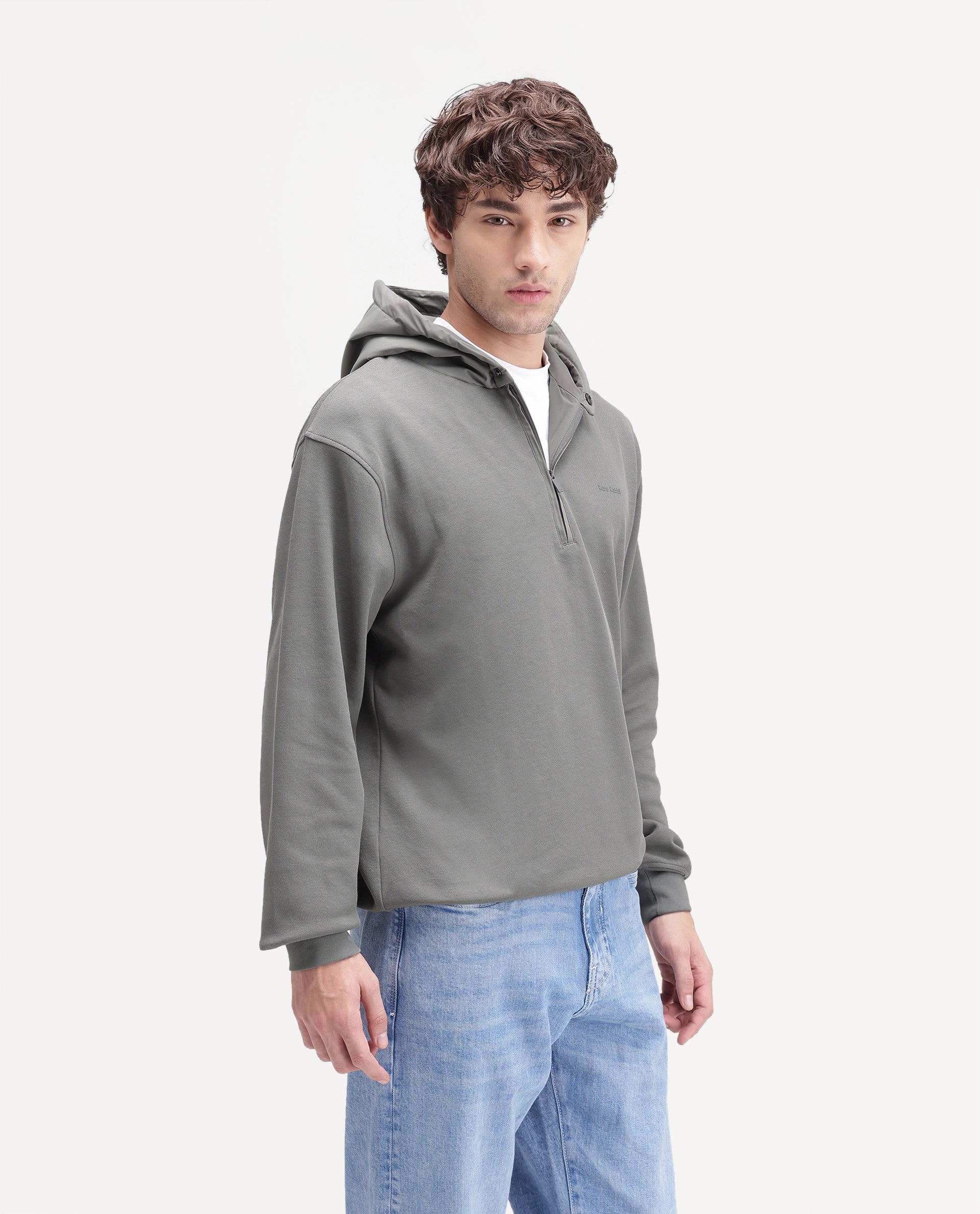 Rare Rabbit Men's Ephin-T-S26 Dark Olive Cotton Blend Fabric Full Sleeve Hooded Regular Fit Plain Sweatshirt
