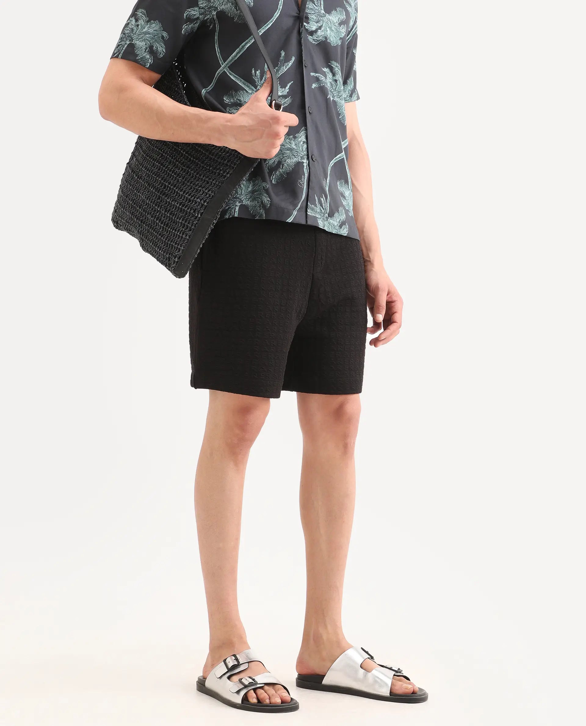 Rare Rabbit Men's Jas-2-Sh Black Cotton Blend Fabric Oversize Fit Jacquard Shorts