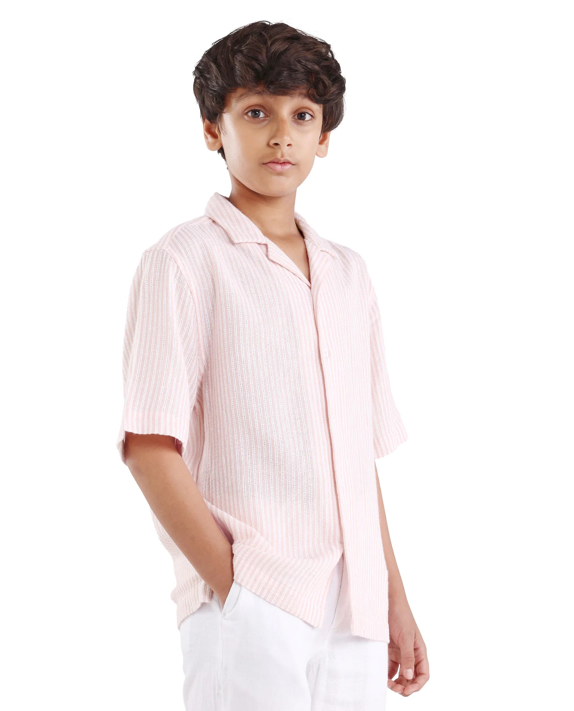 Rare Ones Kids Clyd-S Pastel Pink Linen Blend Button Closure Boxy Fit Shirt