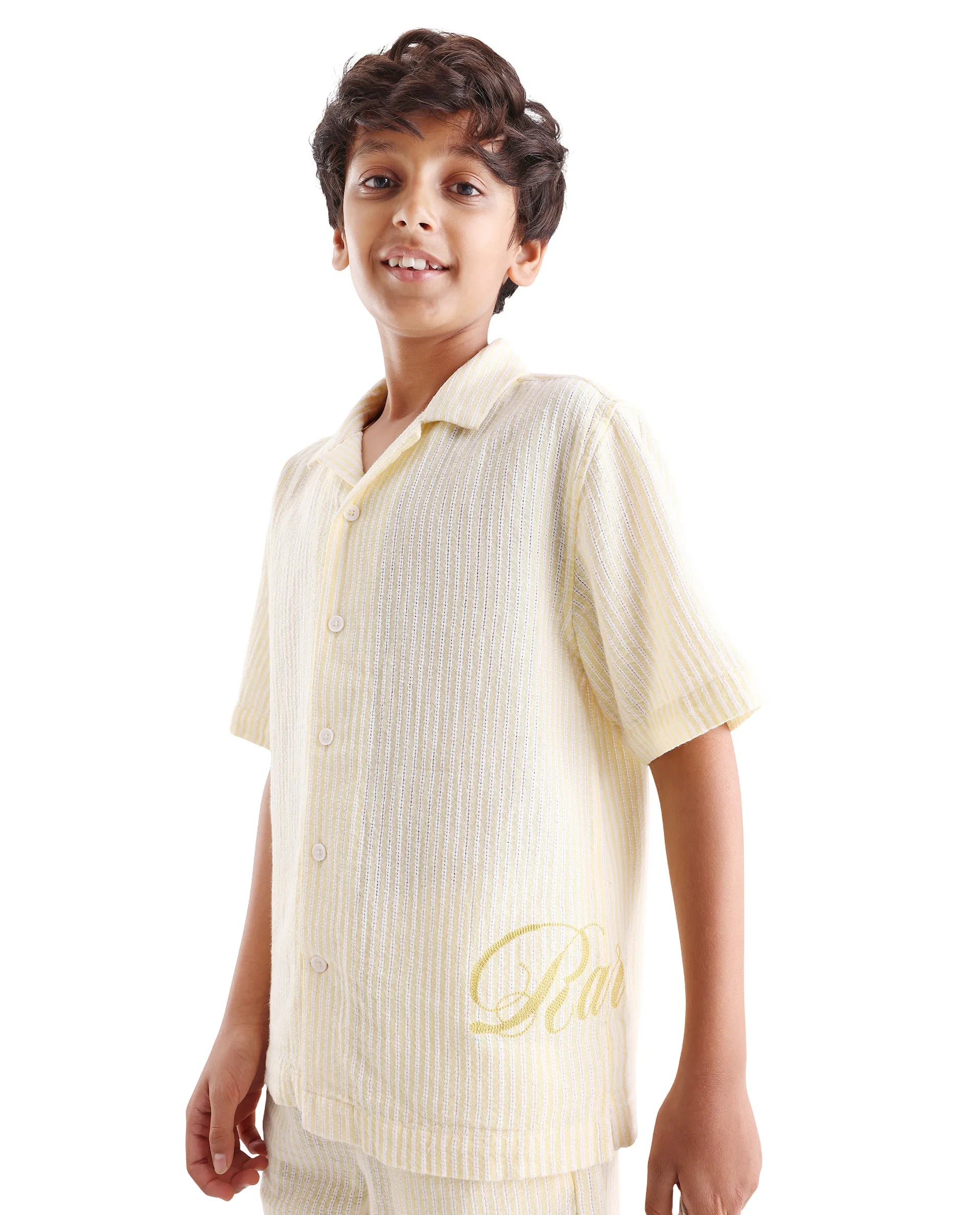 Rare Ones Kids Clyd-S Yellow Linen Blend Button Closure Boxy Fit Shirt