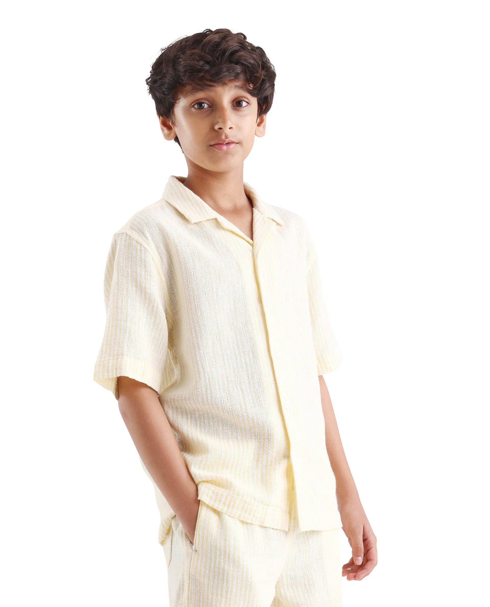 Rare Ones Kids Clyd-S Yellow Linen Blend Button Closure Boxy Fit Shirt