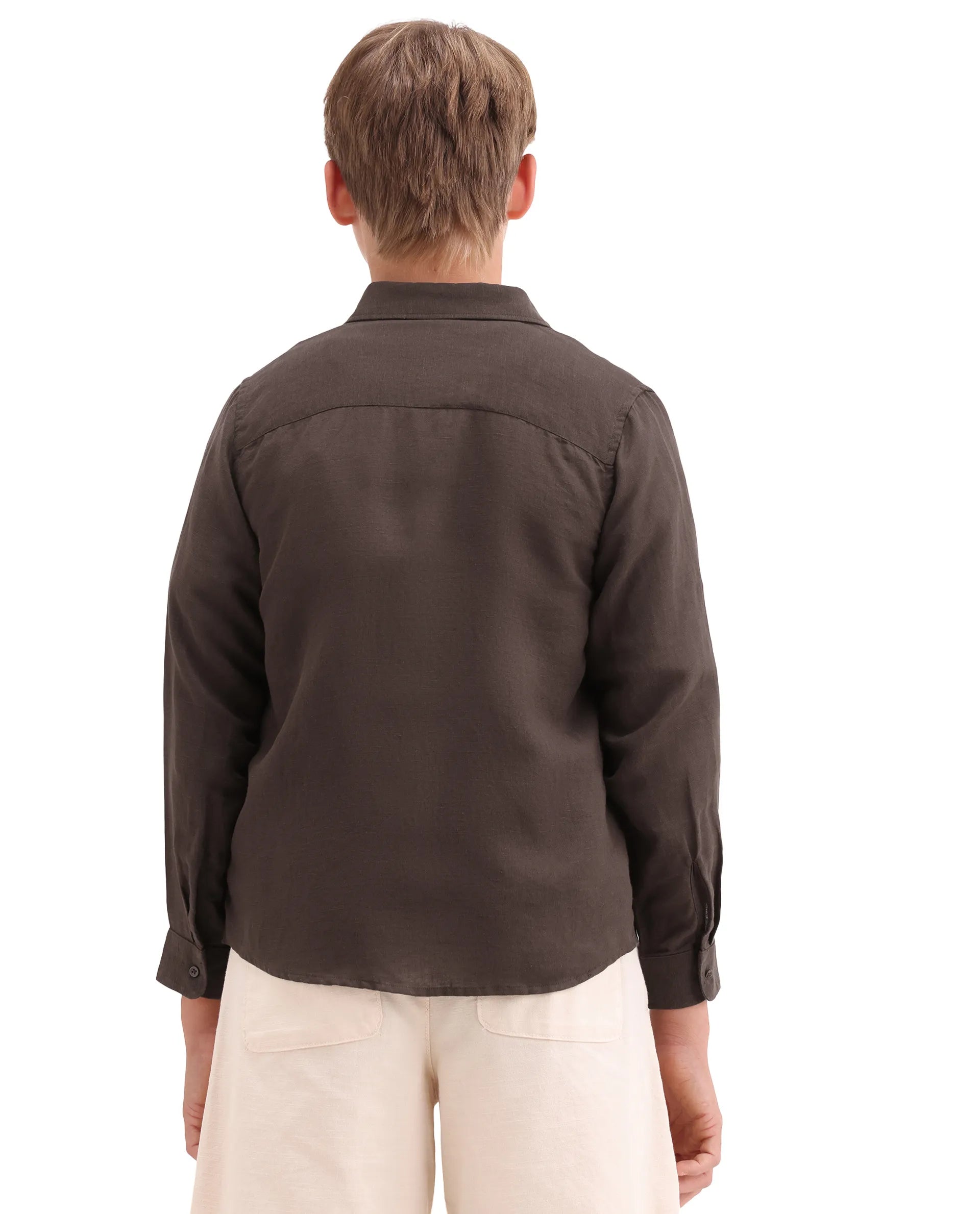 Rare Ones Kids Lino-Fs Dark Brown Linen Blend Button Closure Regular Fit Shirt