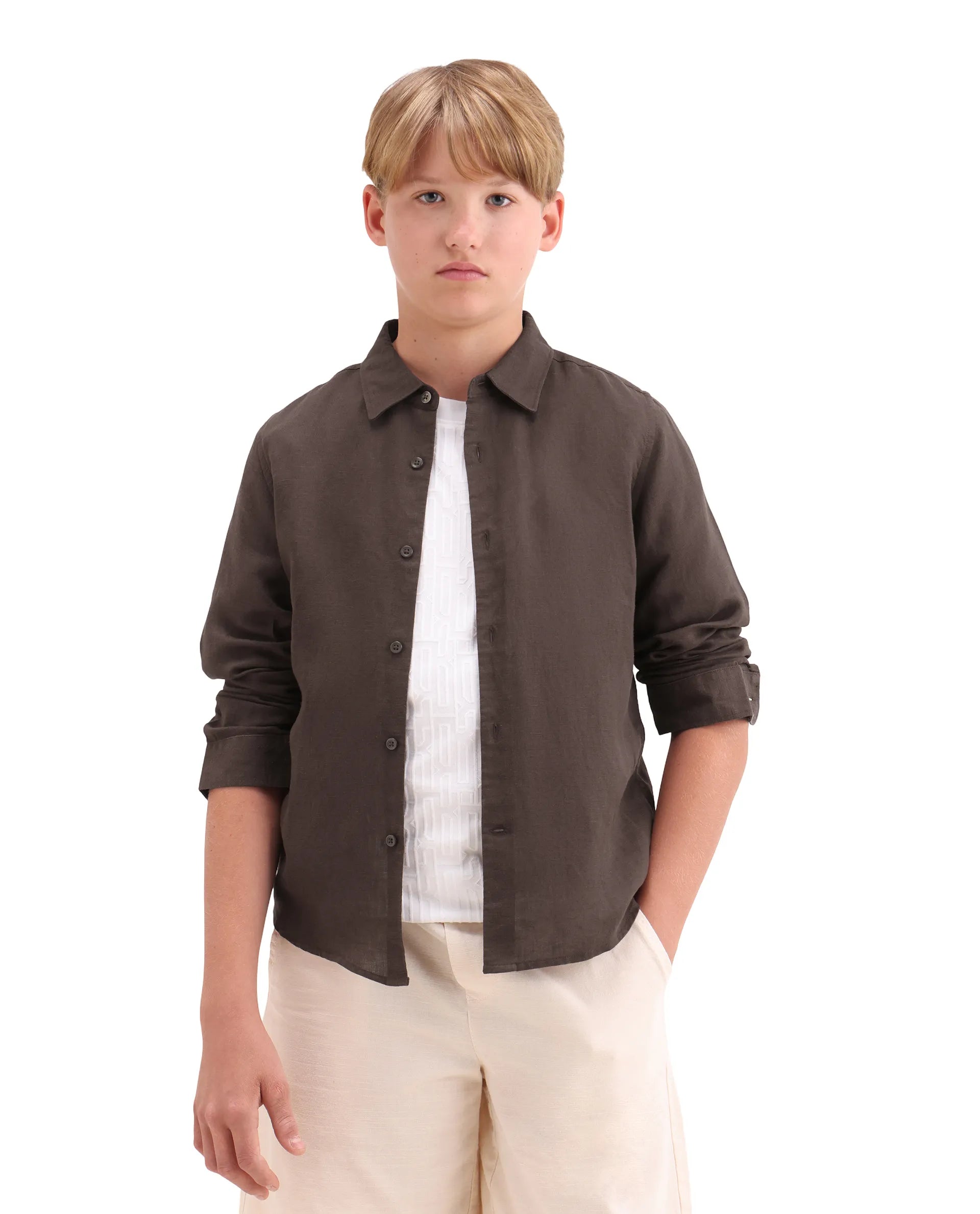 Rare Ones Kids Lino-Fs Dark Brown Linen Blend Button Closure Regular Fit Shirt