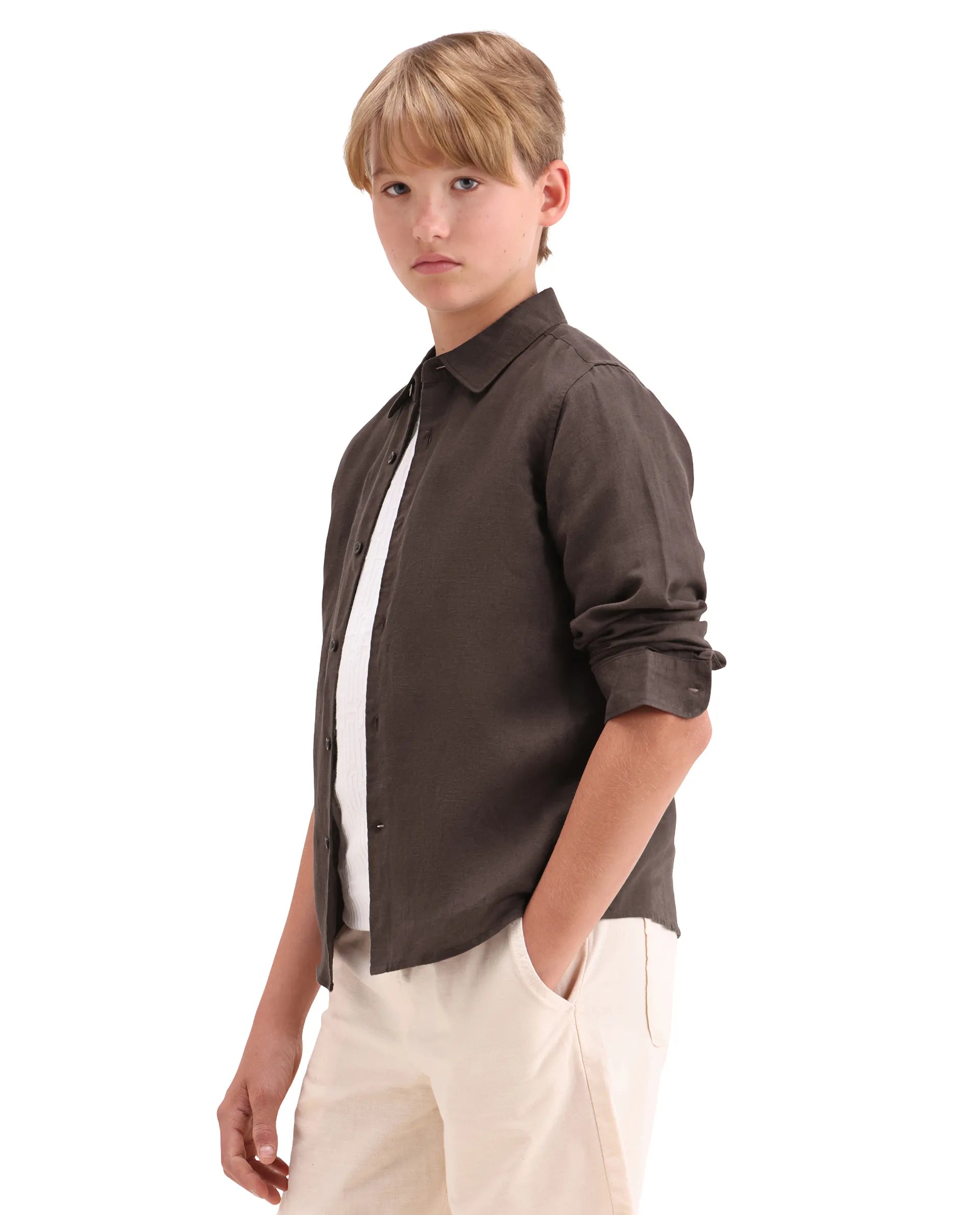 Rare Ones Kids Lino-Fs Dark Brown Linen Blend Button Closure Regular Fit Shirt