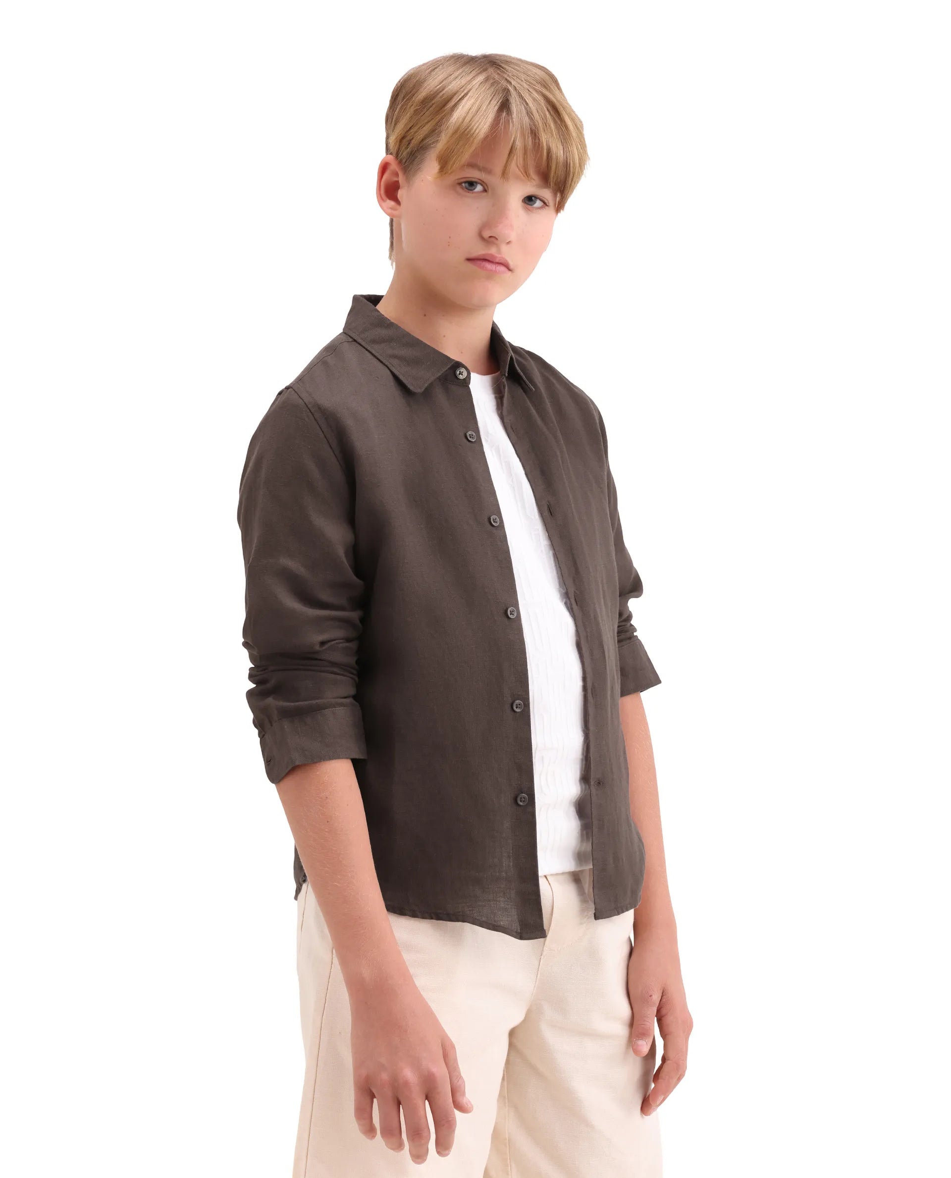 Rare Ones Kids Lino-Fs Dark Brown Linen Blend Button Closure Regular Fit Shirt