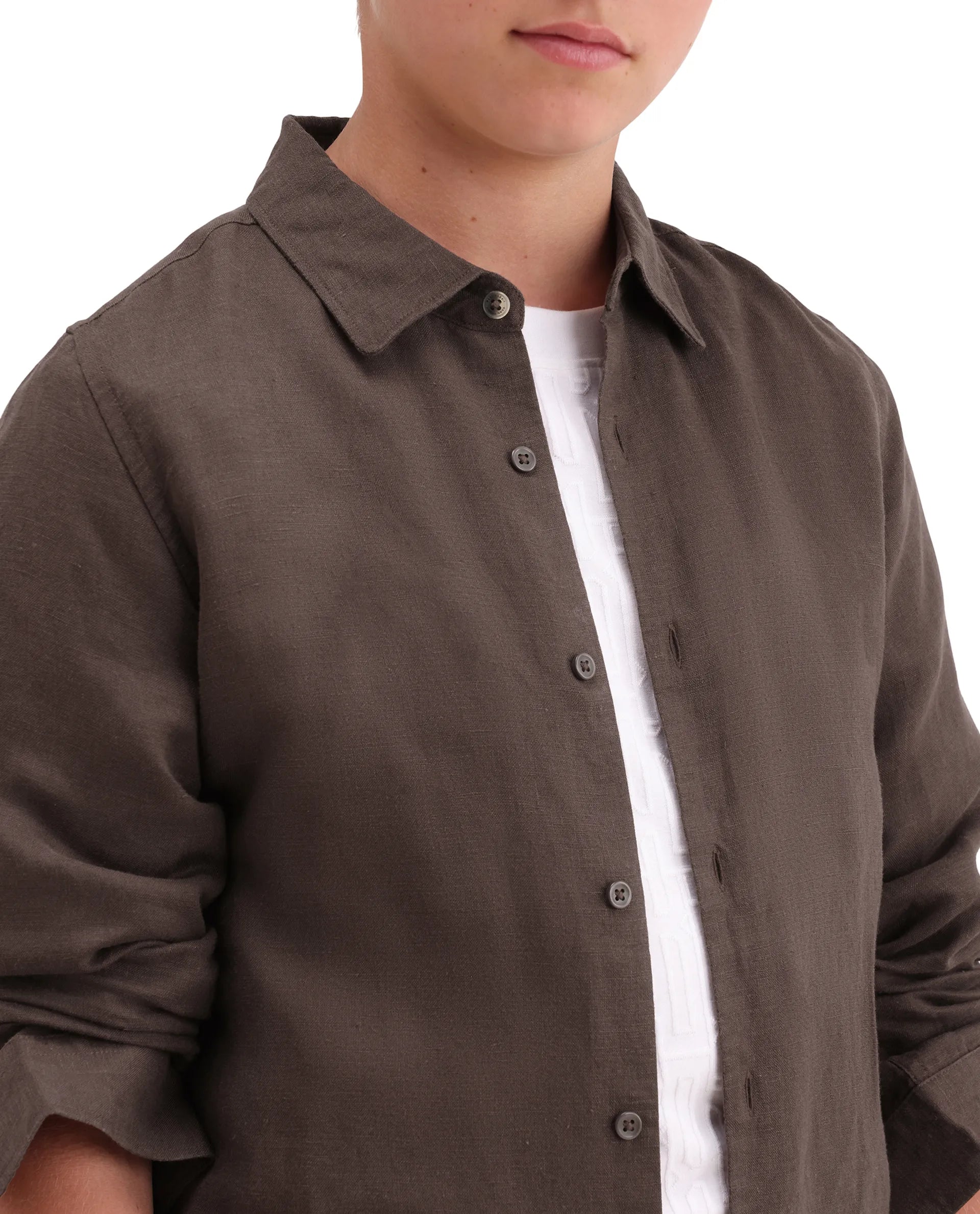 Rare Ones Kids Lino-Fs Dark Brown Linen Blend Button Closure Regular Fit Shirt