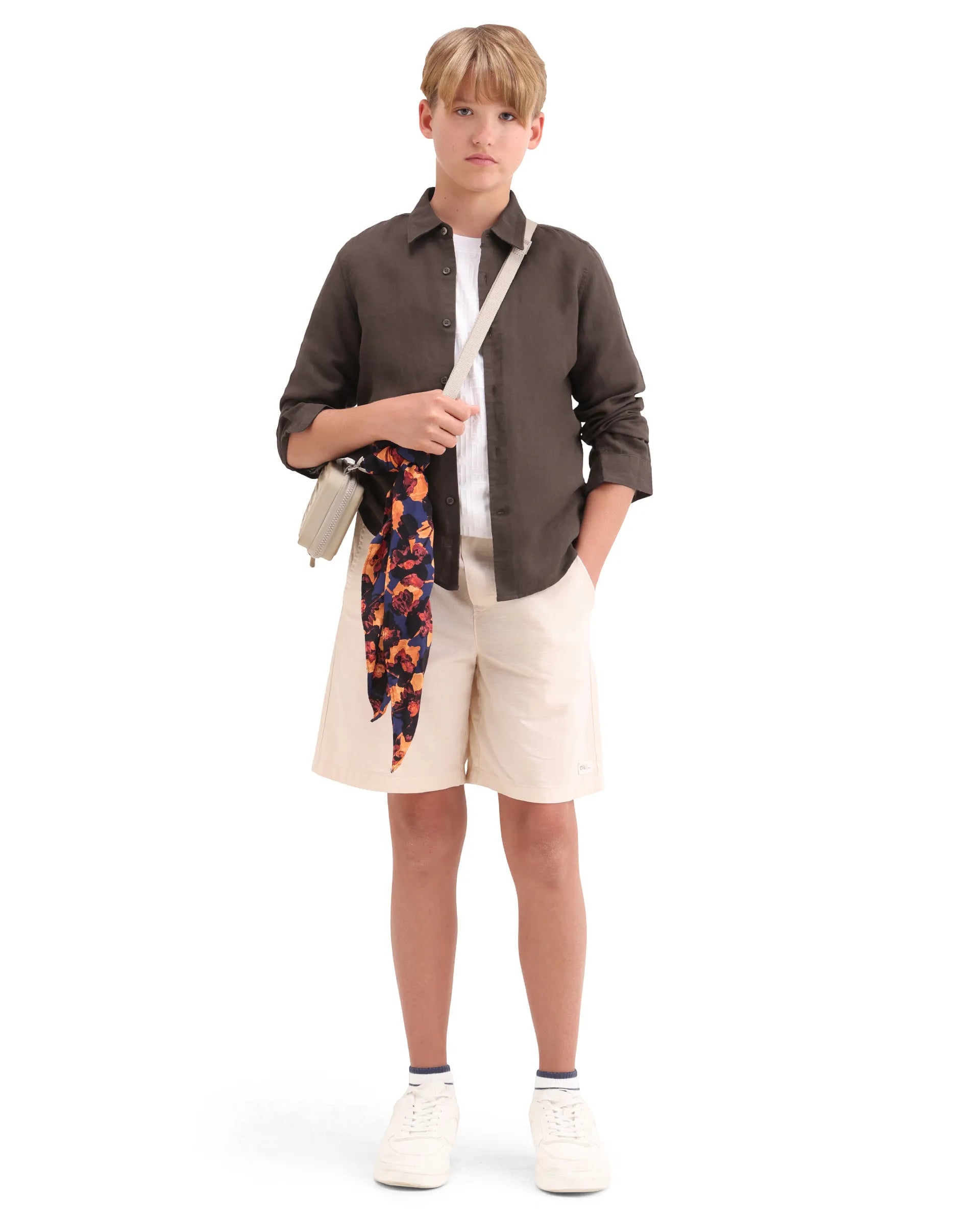 Rare Ones Kids Lino-Fs Dark Brown Linen Blend Button Closure Regular Fit Shirt