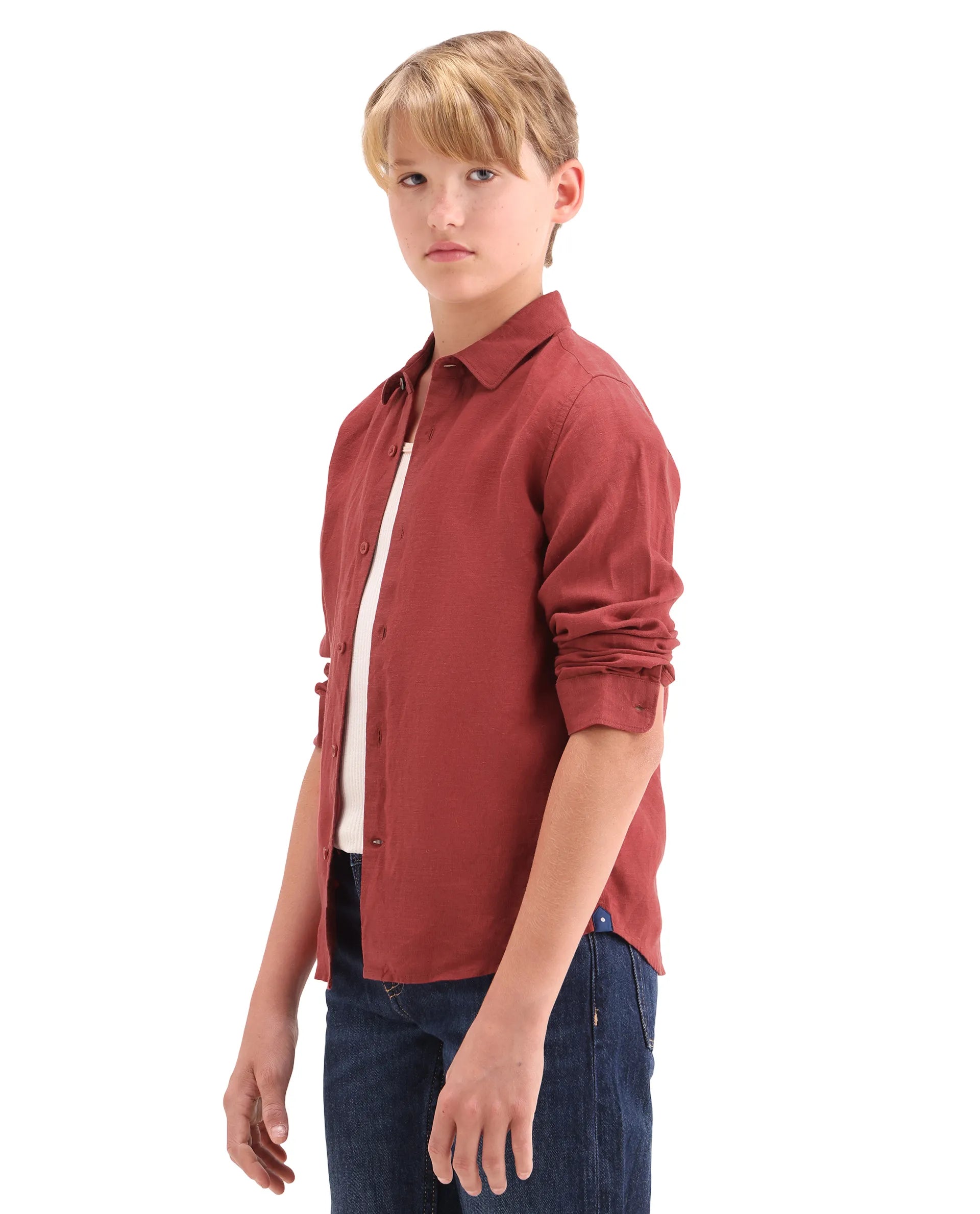 Rare Ones Kids Lino-Fs Red Linen Blend Button Closure Regular Fit Shirt
