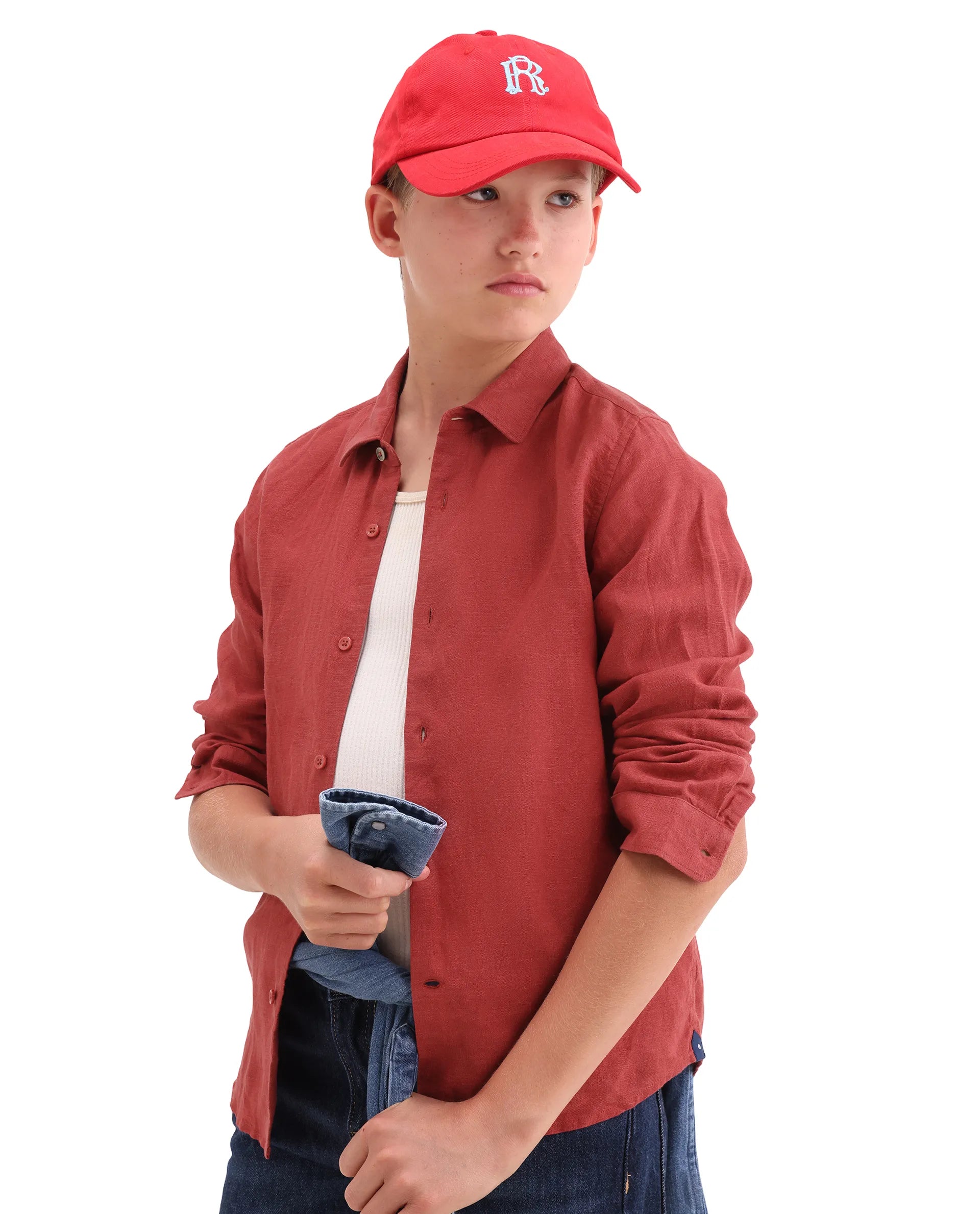 Rare Ones Kids Lino-Fs Red Linen Blend Button Closure Regular Fit Shirt