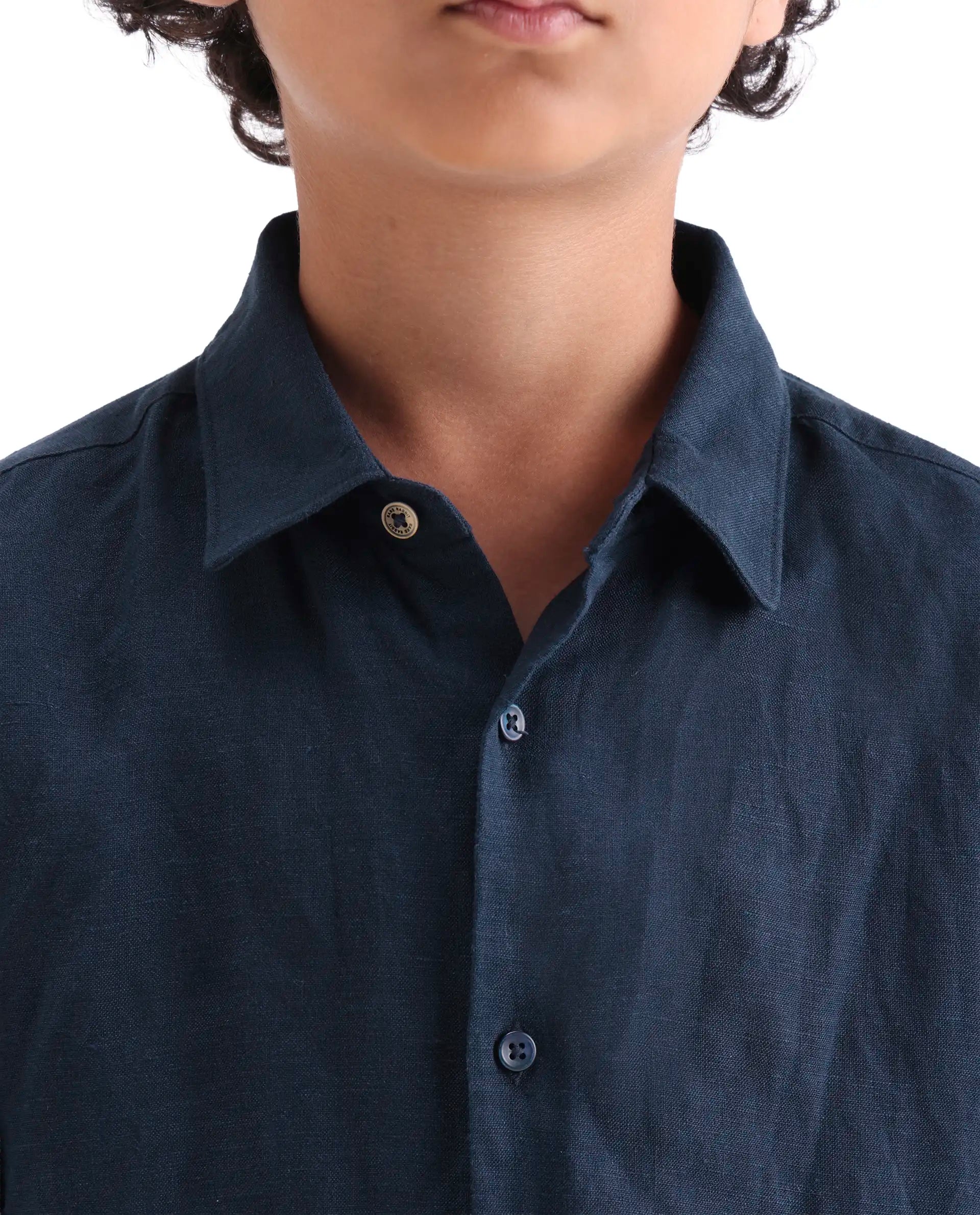 Rare Ones Kids Lino-Fs Dark Navy Linen Blend Button Closure Regular Fit Shirt