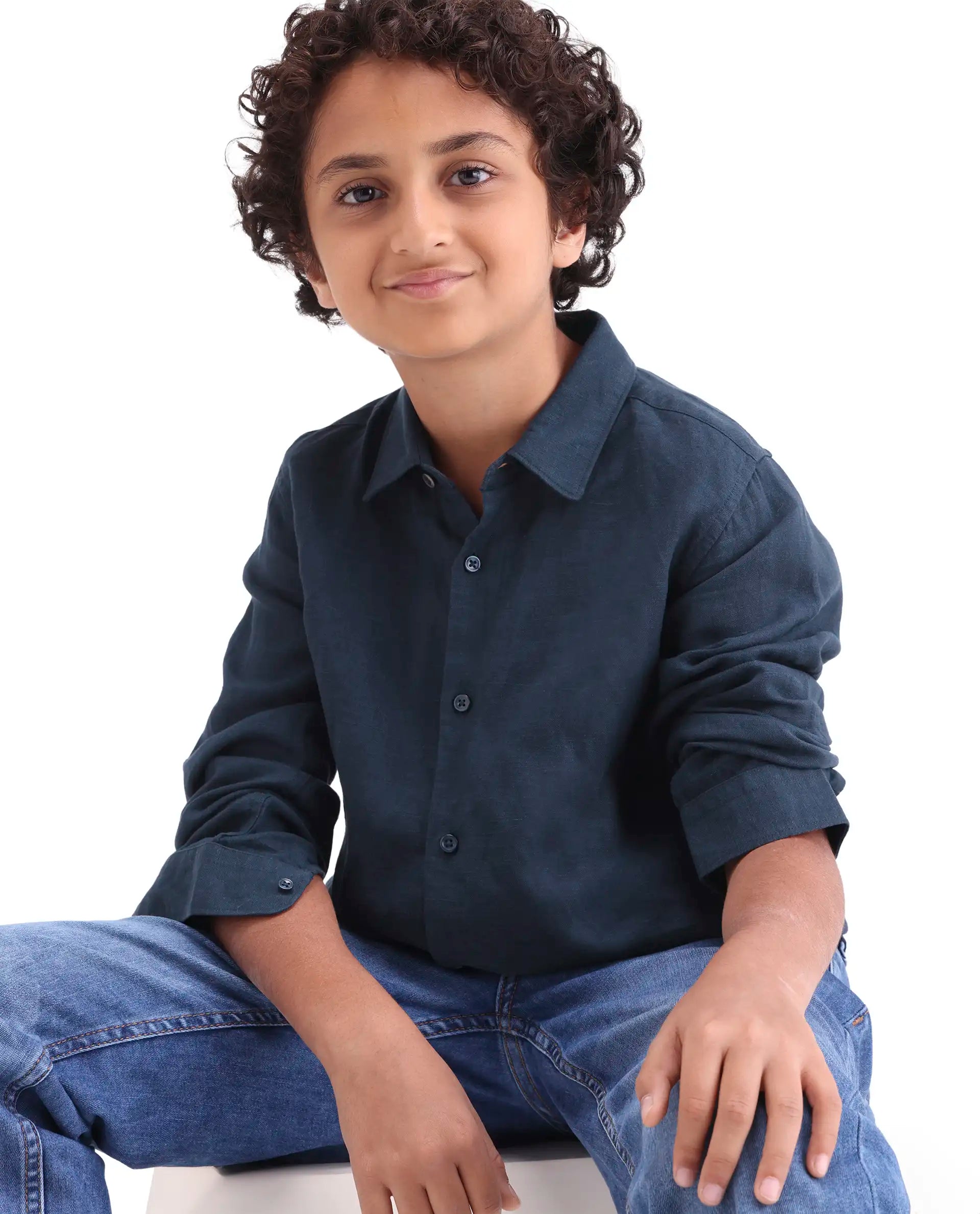 Rare Ones Kids Lino-Fs Dark Navy Linen Blend Button Closure Regular Fit Shirt