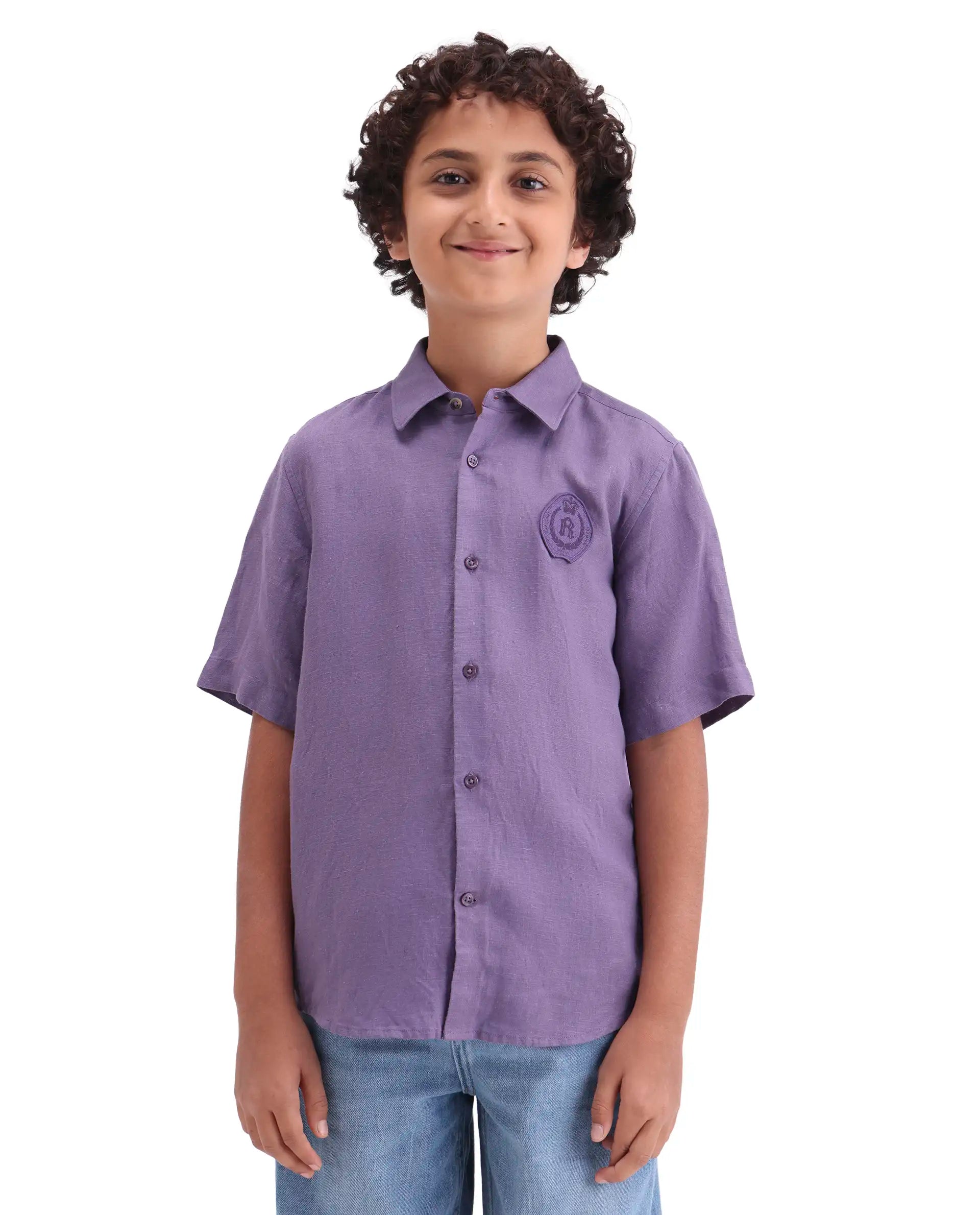 Rare Ones Kids Lino-Hs Purple Linen Blend Button Closure Regular Fit Shirt