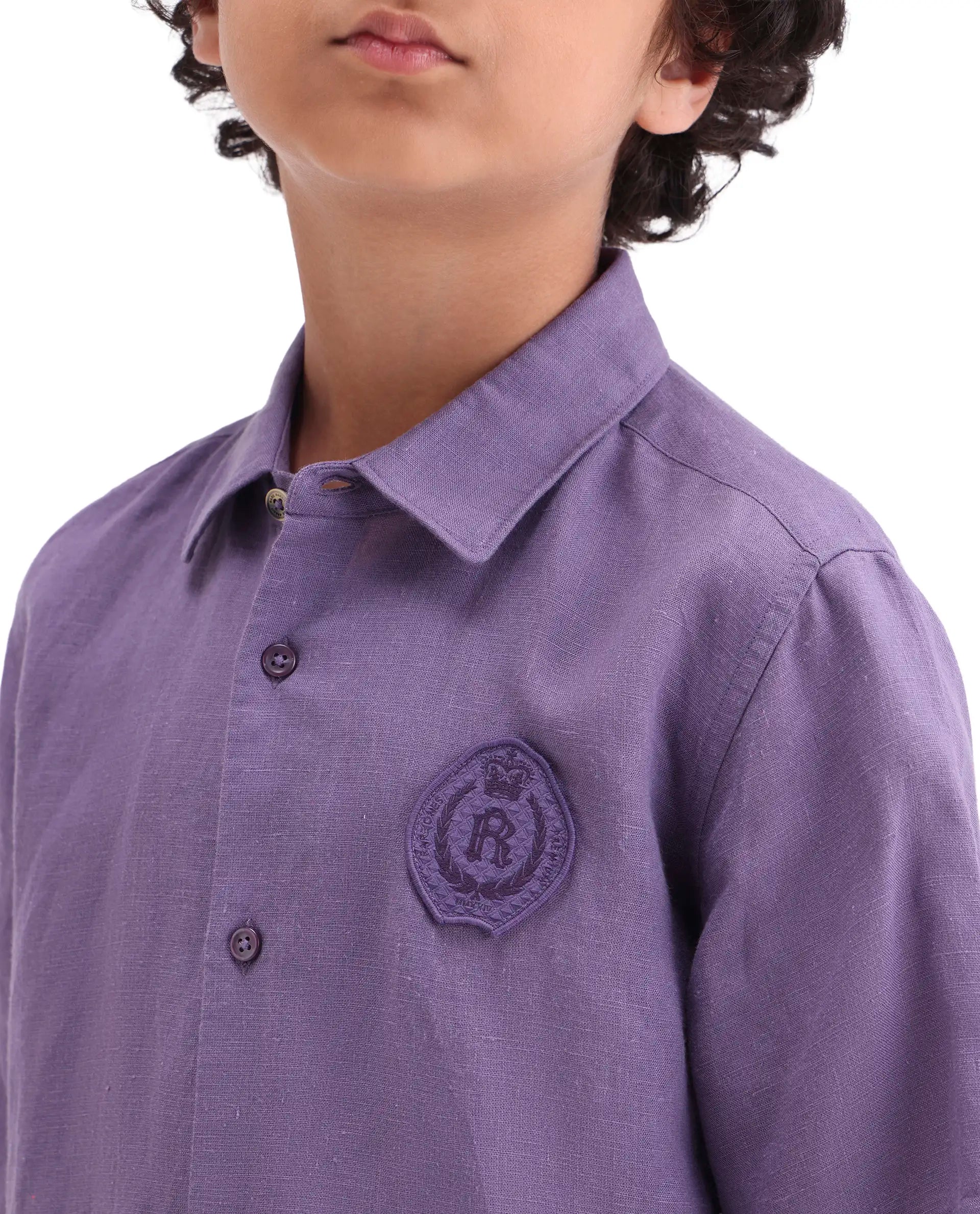 Rare Ones Kids Lino-Hs Purple Linen Blend Button Closure Regular Fit Shirt
