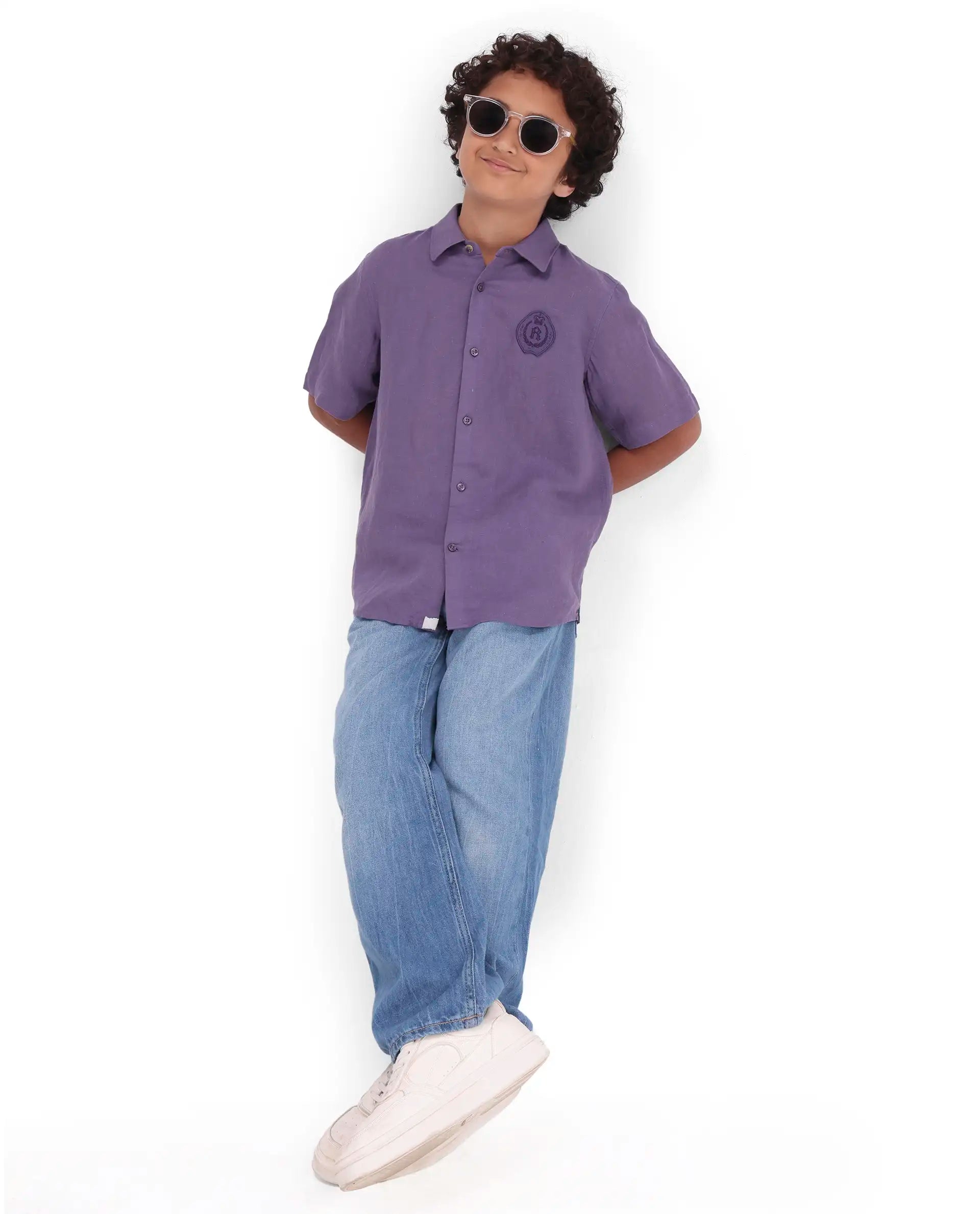 Rare Ones Kids Lino-Hs Purple Linen Blend Button Closure Regular Fit Shirt