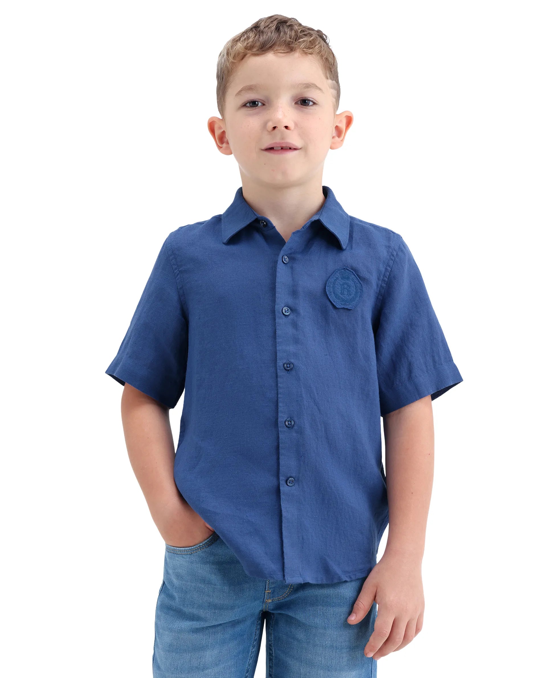 Rare Ones Kids Lino-Hs Blue Linen Blend Button Closure Regular Fit Shirt