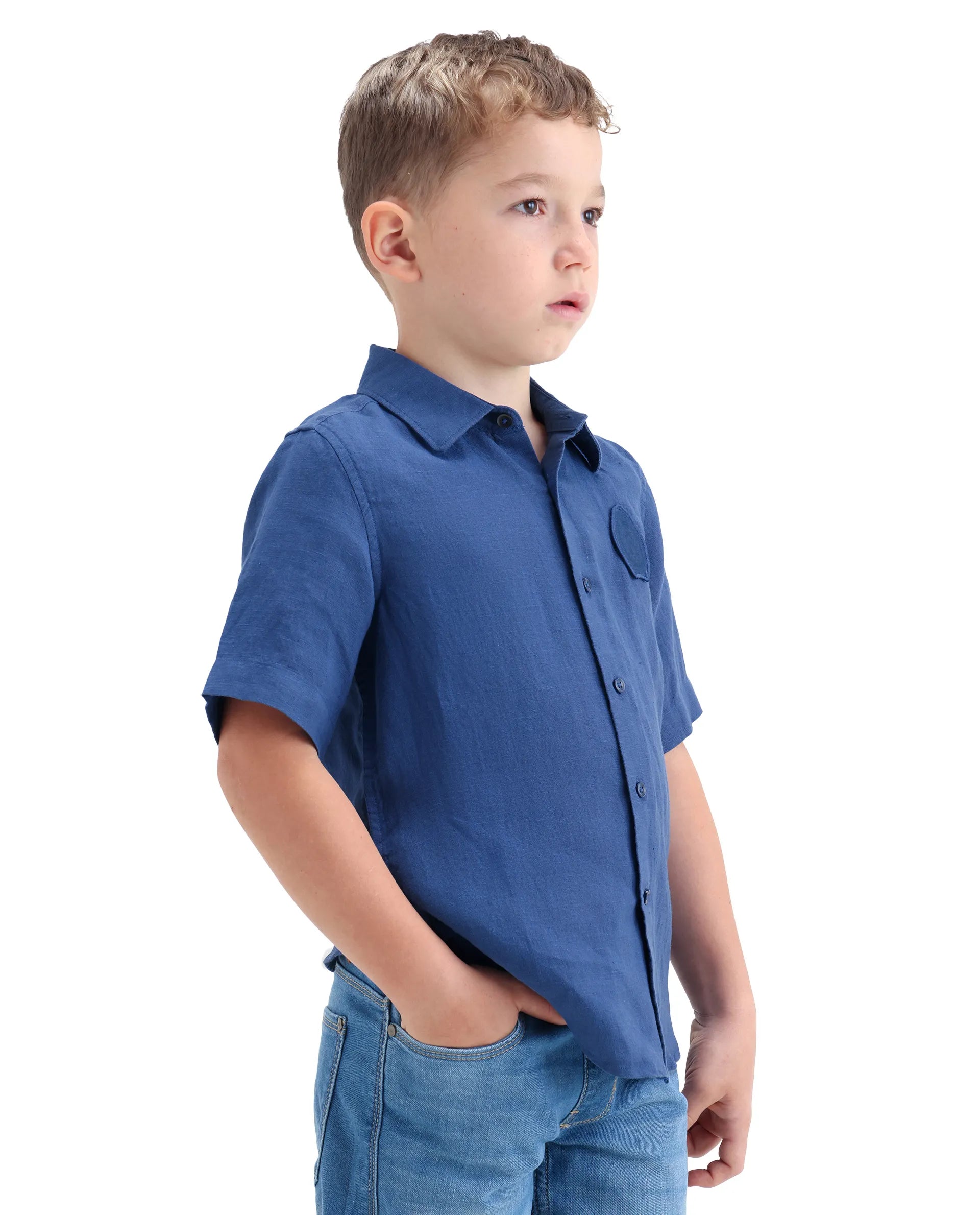 Rare Ones Kids Lino-Hs Blue Linen Blend Button Closure Regular Fit Shirt