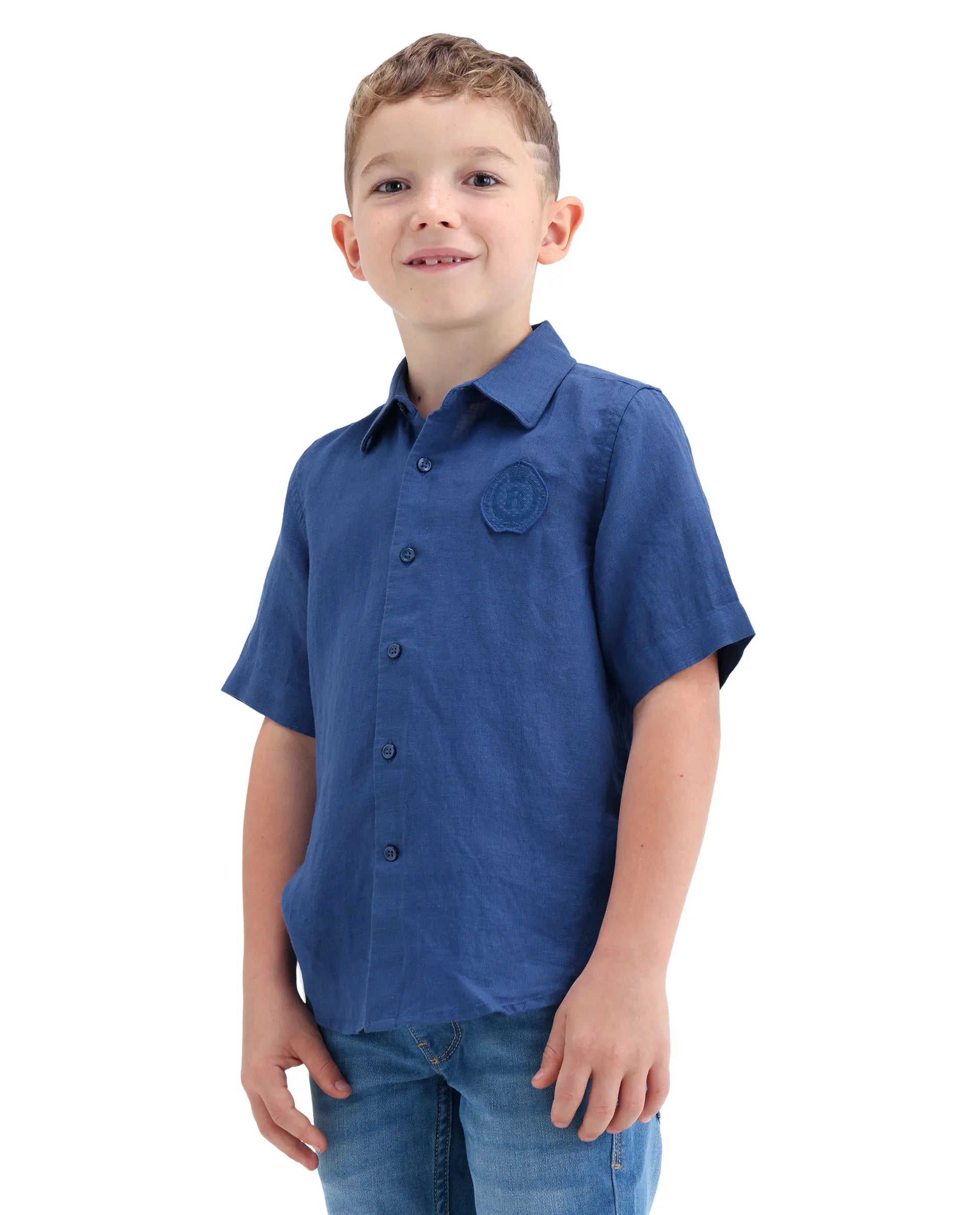 Rare Ones Kids Lino-Hs Blue Linen Blend Button Closure Regular Fit Shirt