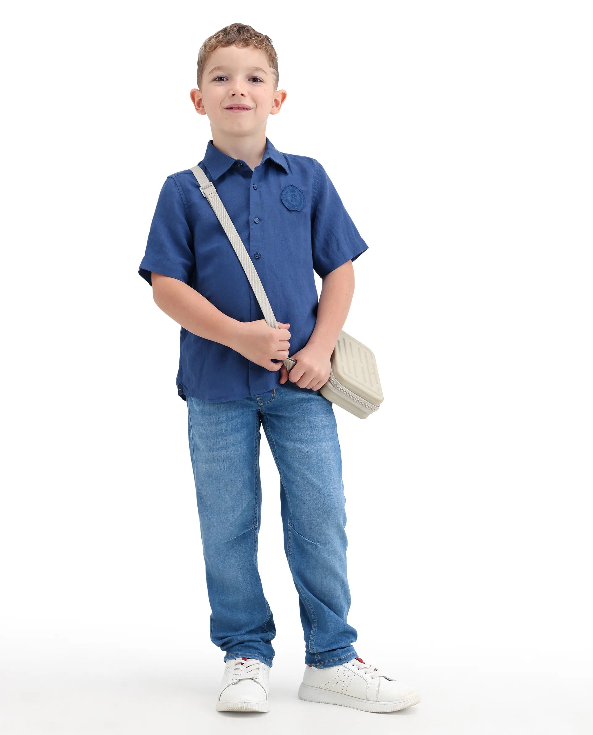 Rare Ones Kids Lino-Hs Blue Linen Blend Button Closure Regular Fit Shirt