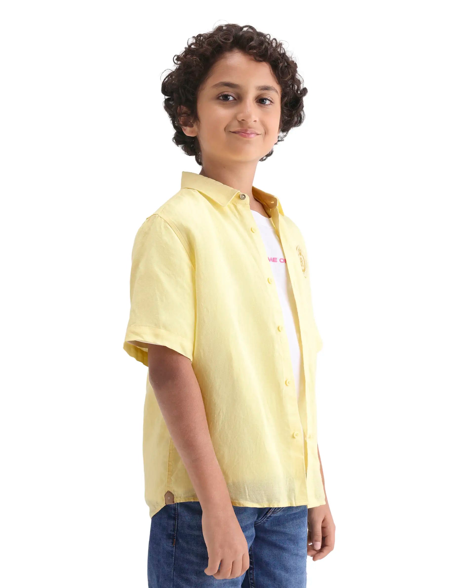 Rare Ones Kids Lino-Hs Yellow Linen Blend Button Closure Regular Fit Shirt