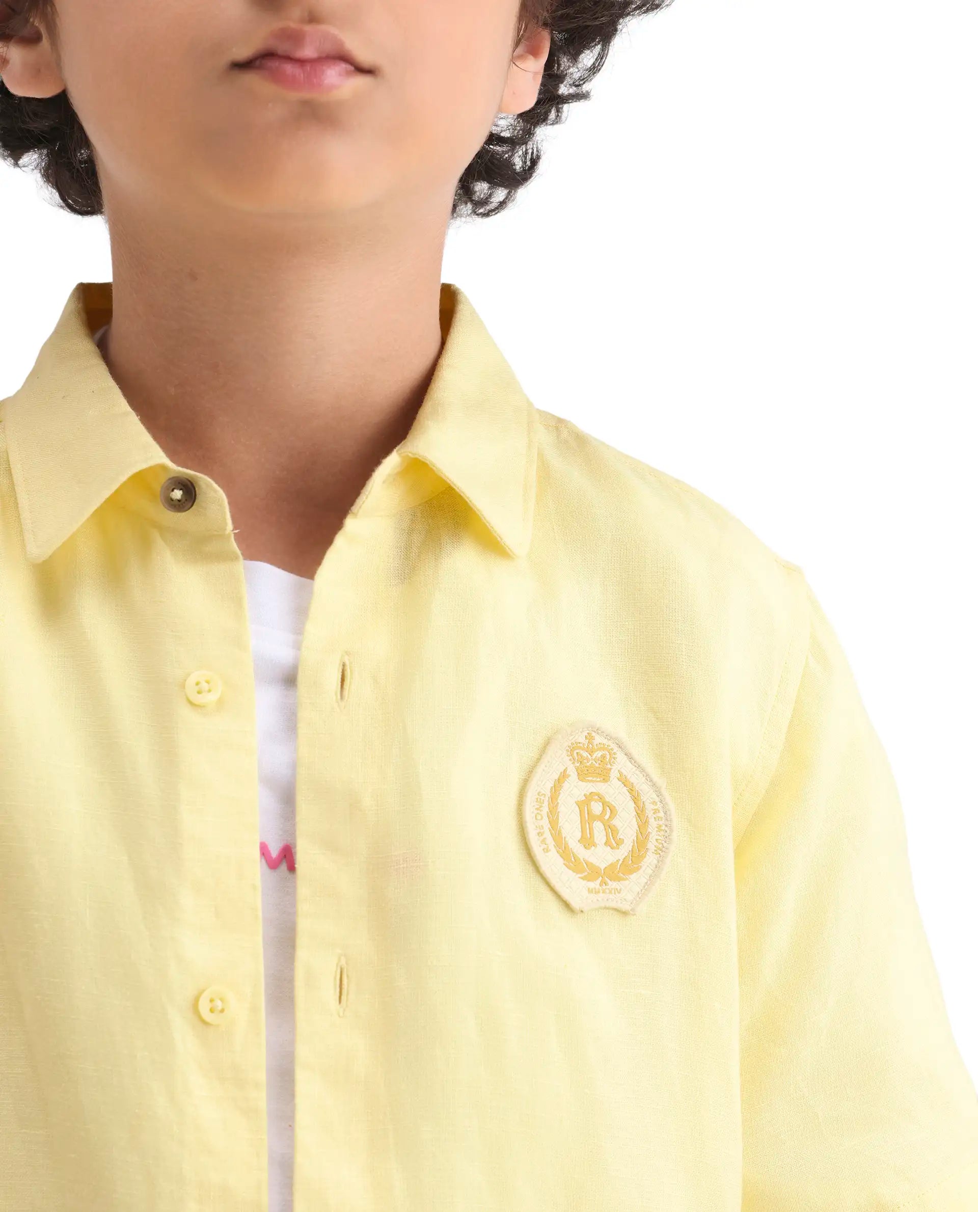 Rare Ones Kids Lino-Hs Yellow Linen Blend Button Closure Regular Fit Shirt