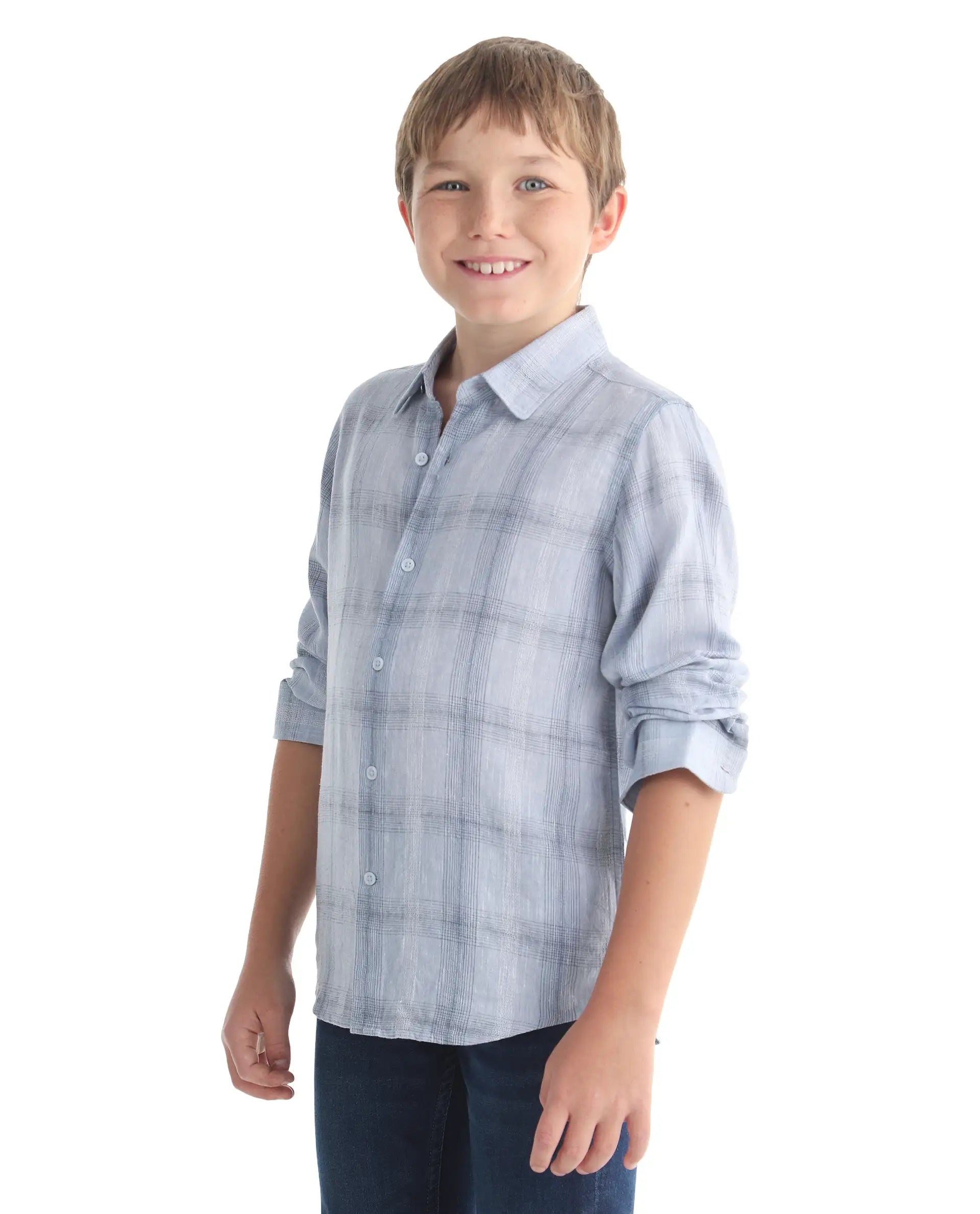 Rare Ones Kids Eamon-26 Blue Linen Blend Button Closure Regular Fit Shirt