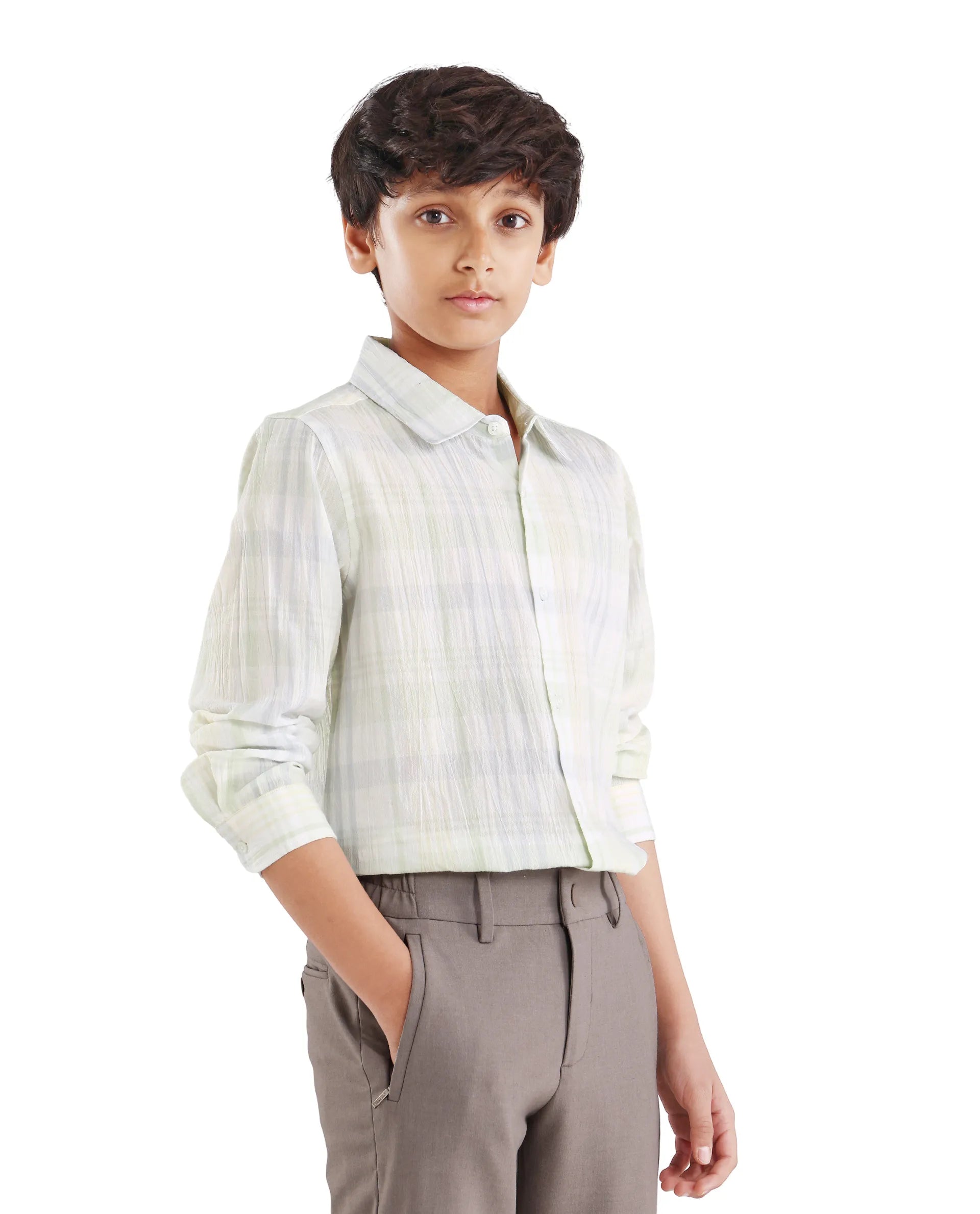 Rare Ones Kids Pinge-26K Pastel Green Cotton Blend Button Closure Regular Fit Shirt