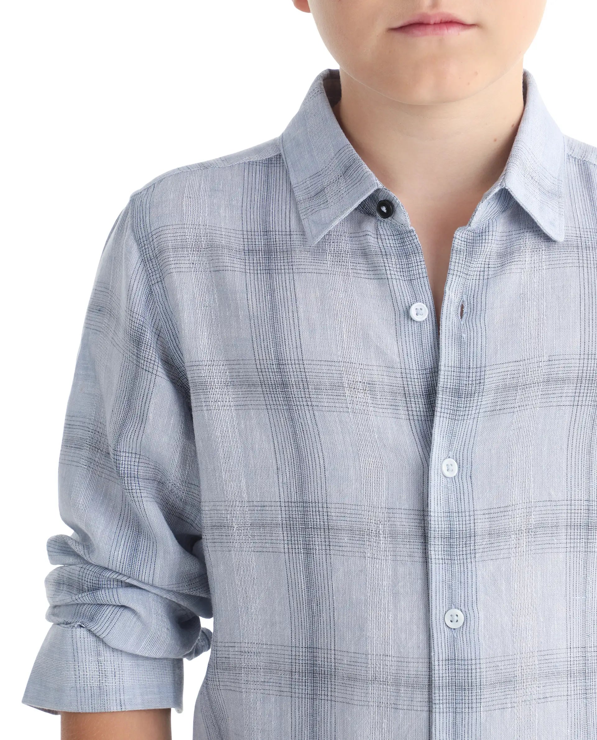 Rare Ones Kids Eamon-26 Blue Linen Blend Button Closure Regular Fit Shirt