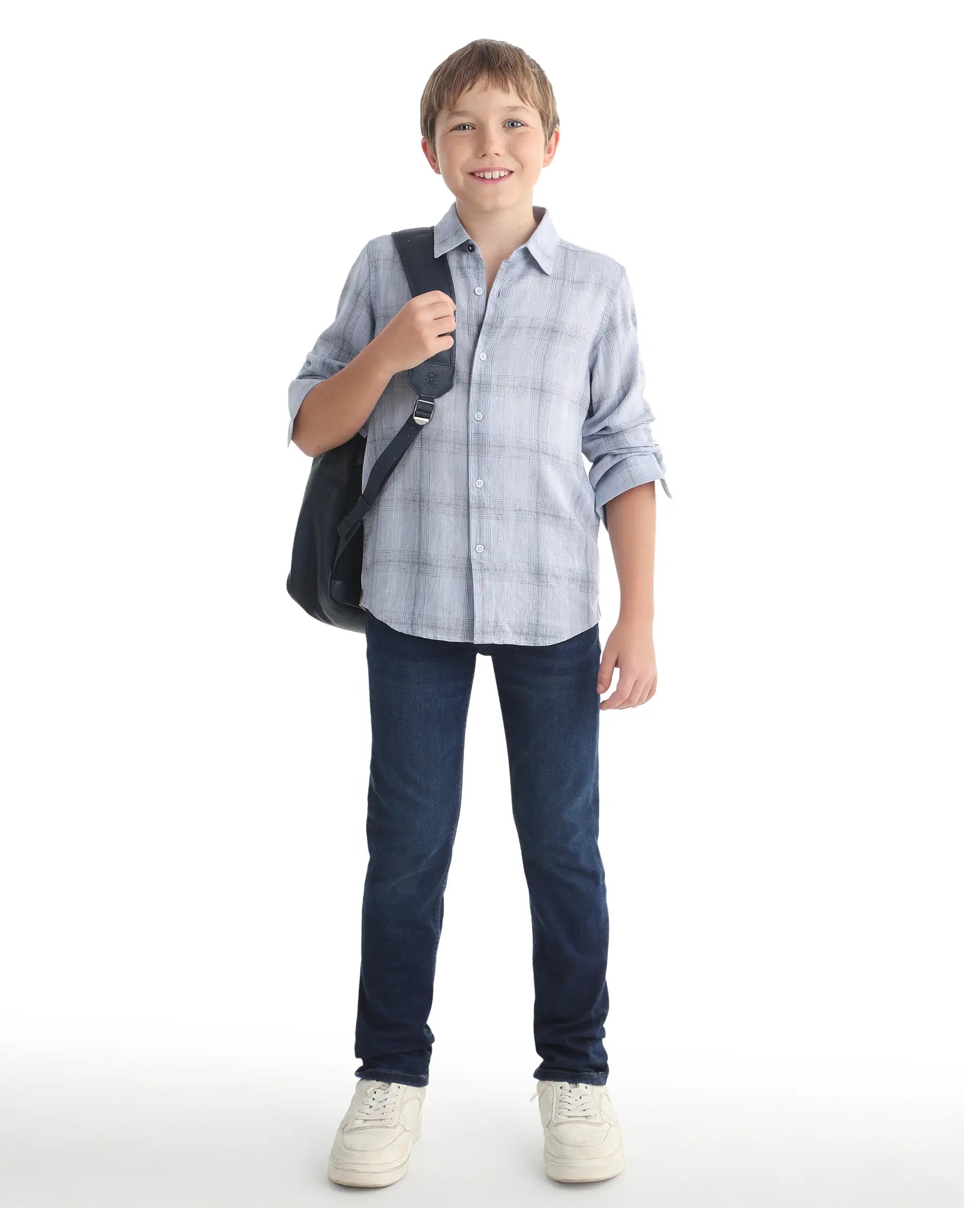 Rare Ones Kids Eamon-26 Blue Linen Blend Button Closure Regular Fit Shirt