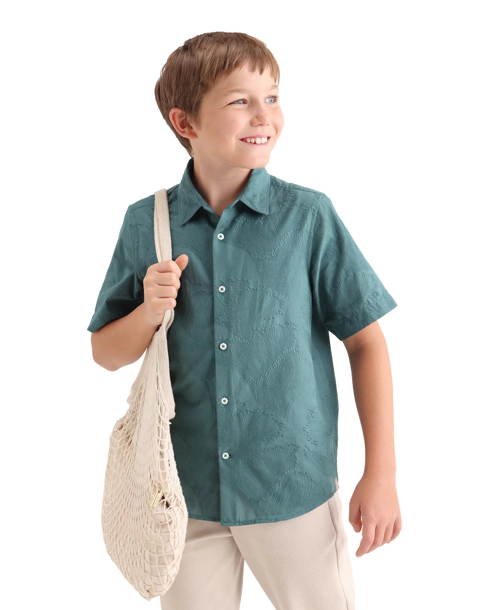 Rare Ones Kids Jaff-K Dusky Green Cotton Fabric Button Closure Regular Fit Shirt