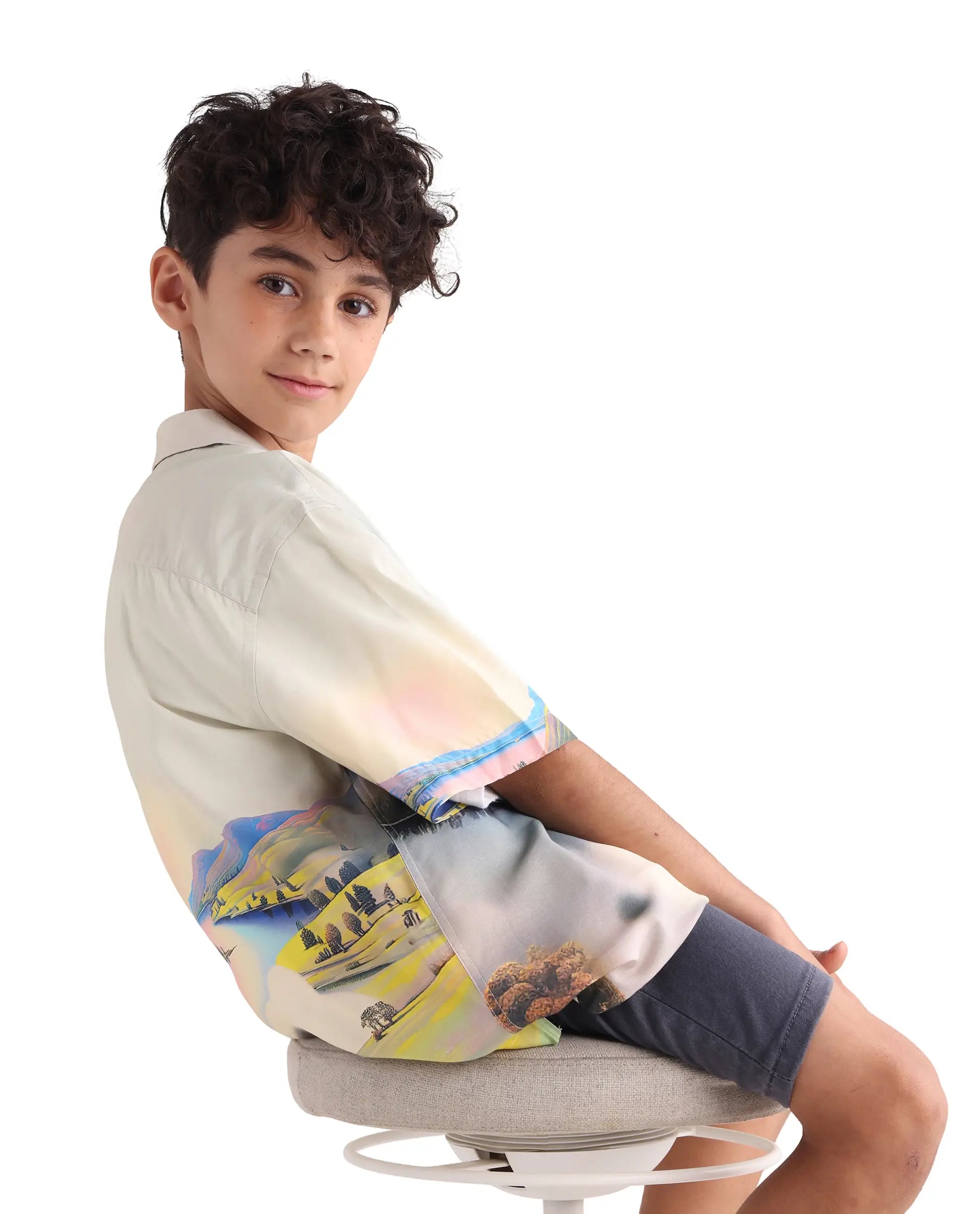 Rare Ones Kids Afix-K Light Yellow Viscose Rayon Fabric Button Closure Digital Print Boxy Fit Shirt