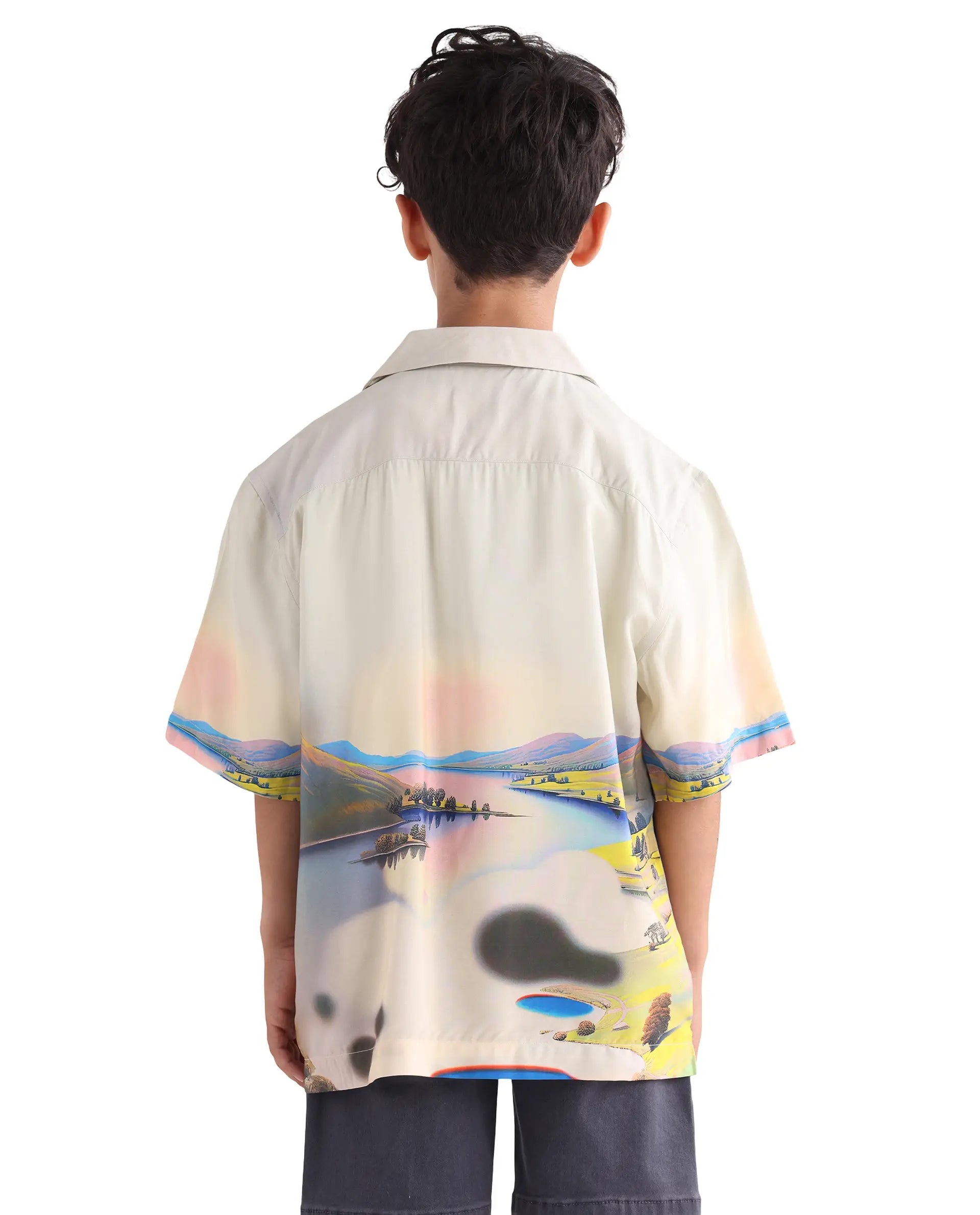 Rare Ones Kids Afix-K Light Yellow Viscose Rayon Fabric Button Closure Digital Print Boxy Fit Shirt